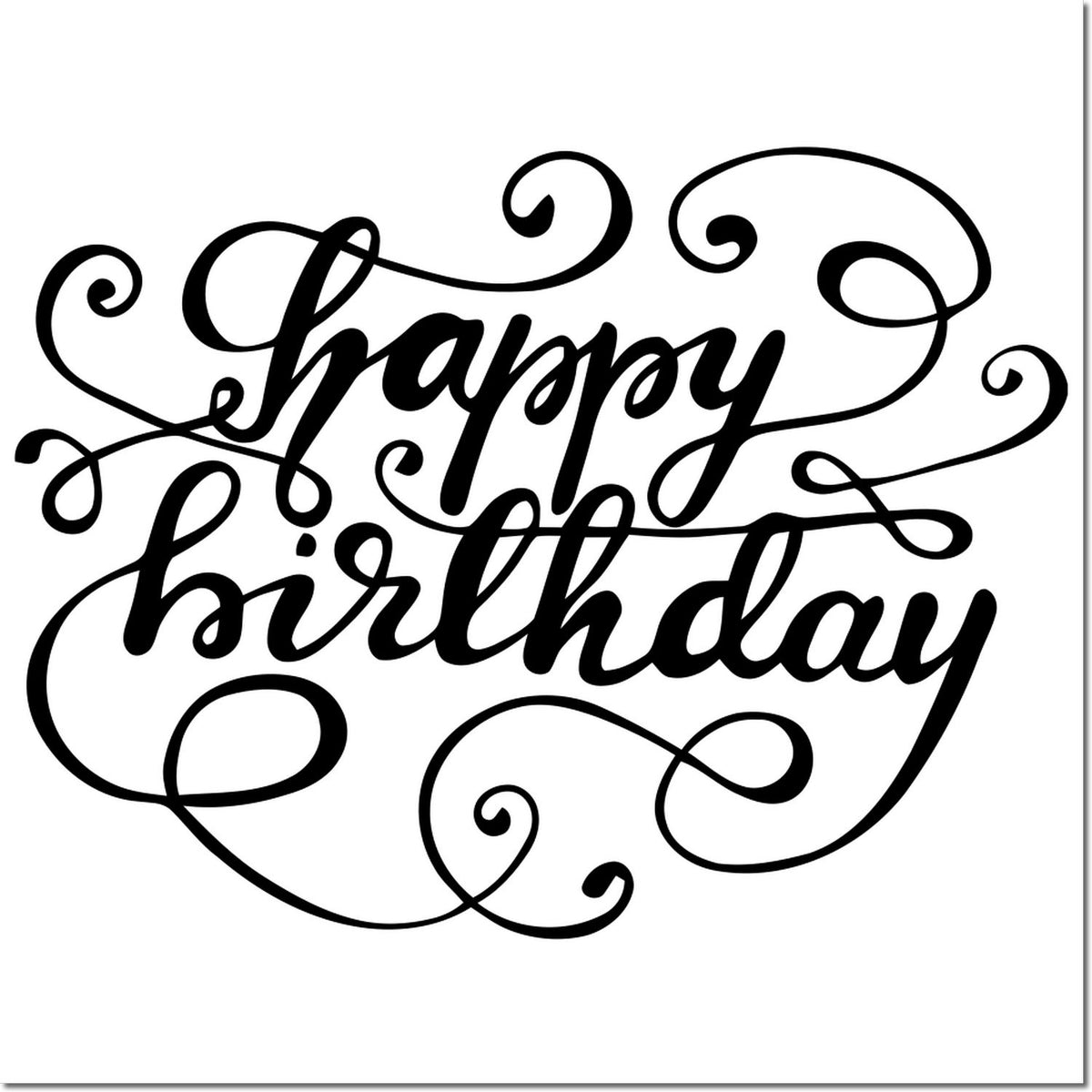Decorative happy birthday rubber stamp with elegant script and swirl flourishes for cards, scrapbooking, and gifts.