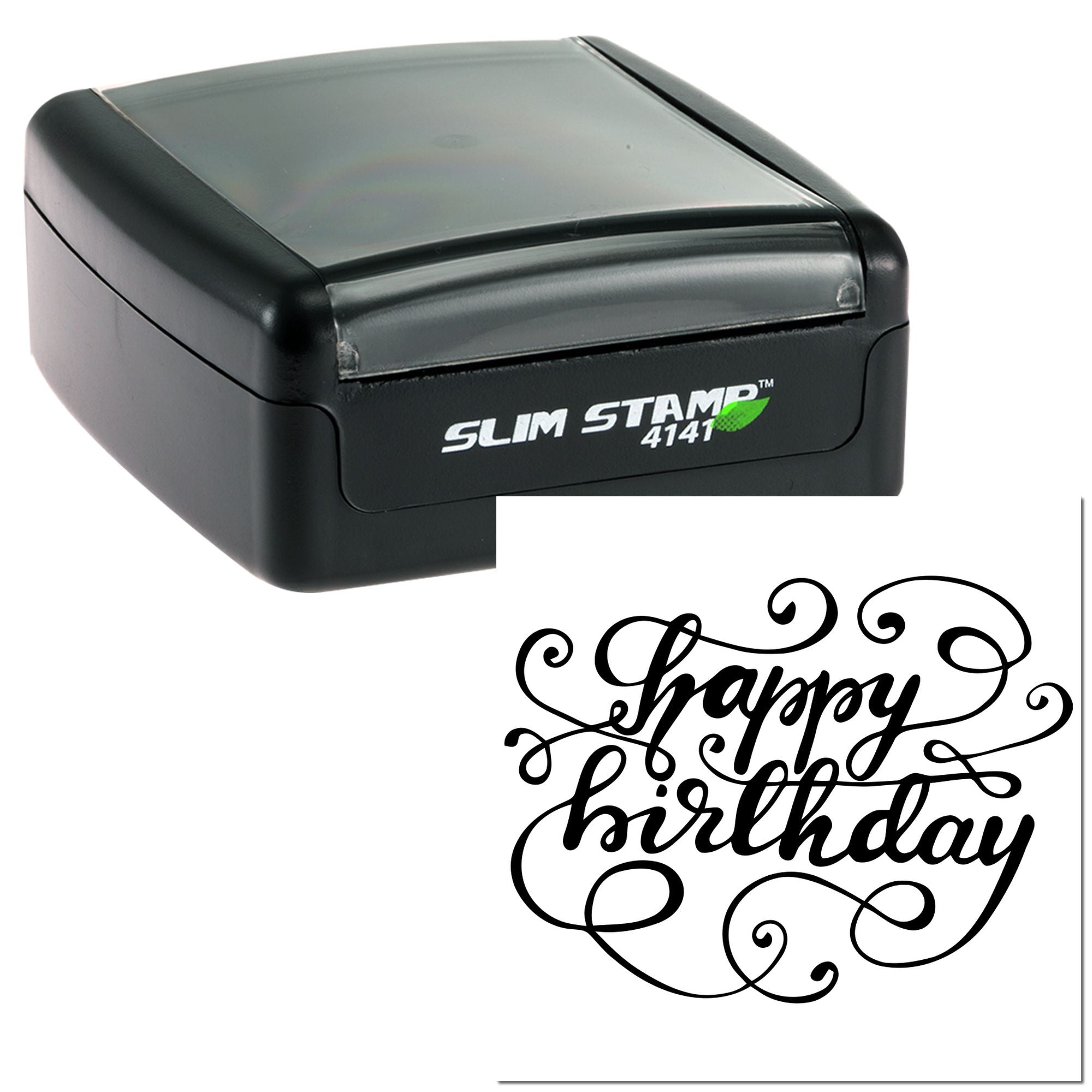 Slim Stamp 4141 custom rubber stamp with decorative Happy Birthday script for personalized cards and gifts