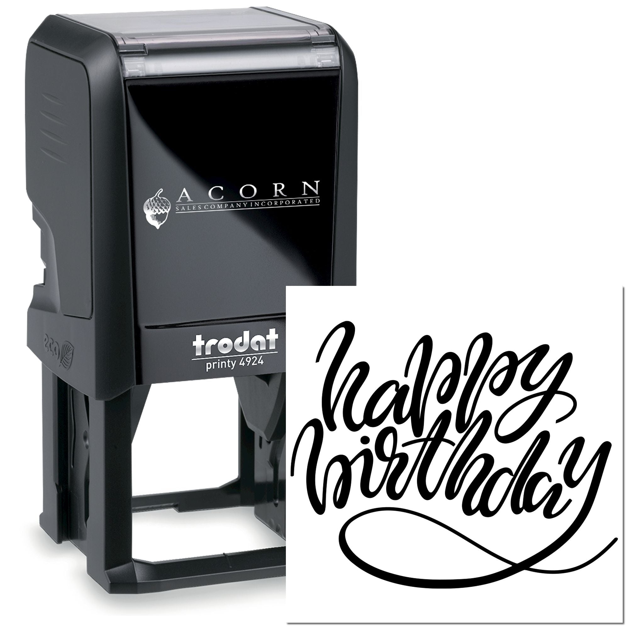 Trodat Printy 4924 custom self-inking rubber stamp with Happy Birthday script for cards, parties, and packaging.