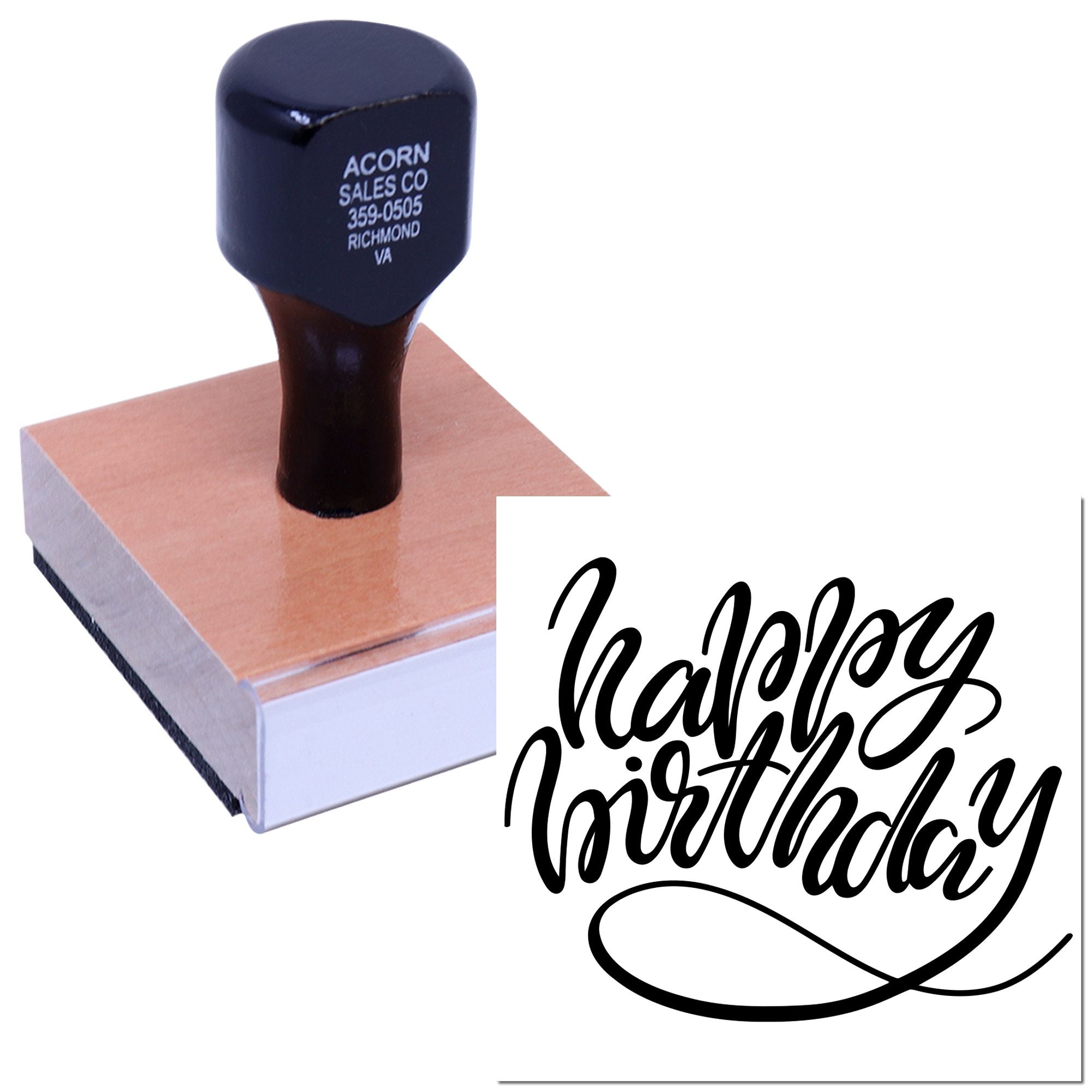 Custom rubber stamp with Happy Birthday script for birthday cards, invitations, and packaging.