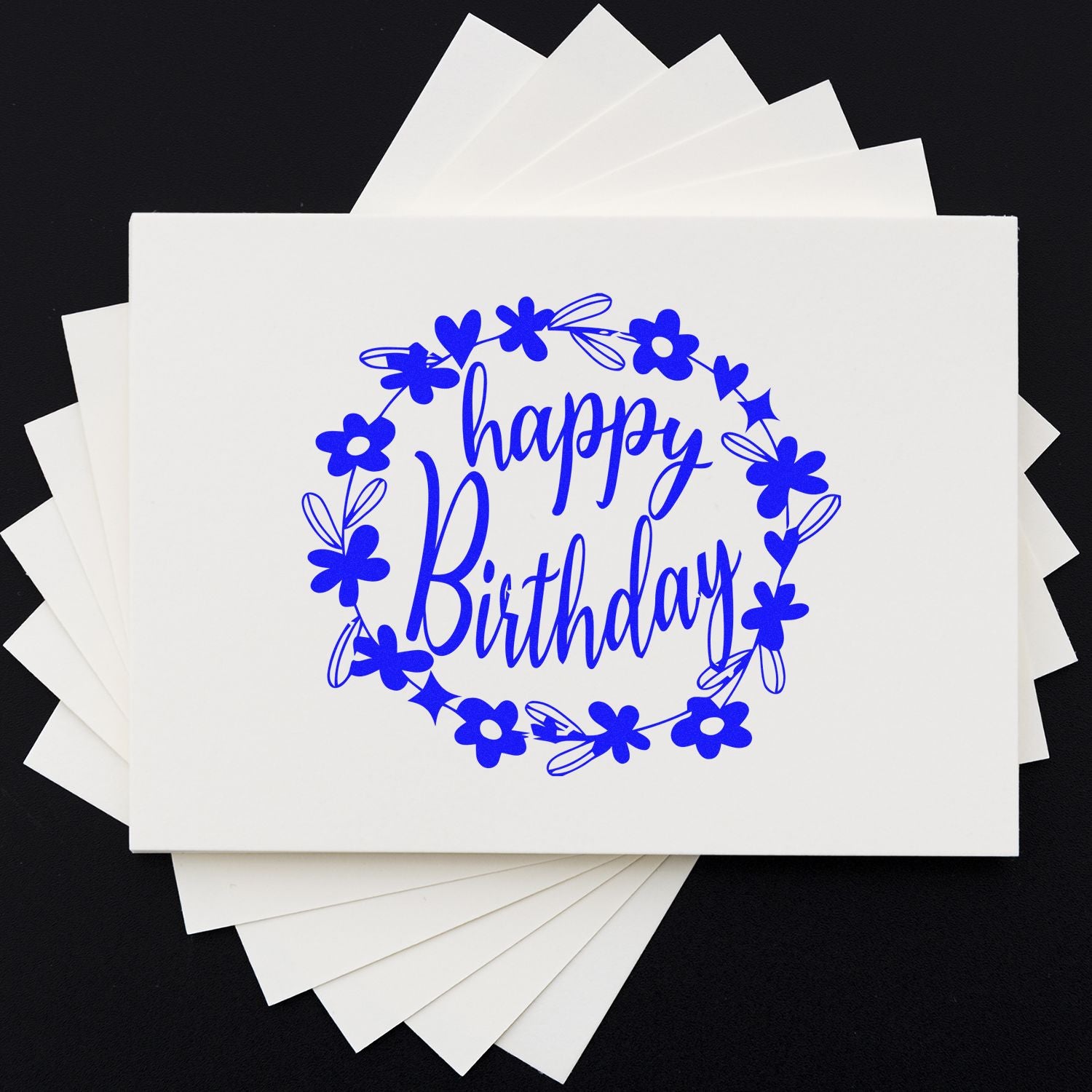 Floral Happy Birthday rubber stamp design on white cardstock for handmade birthday cards, invitations, and crafts.