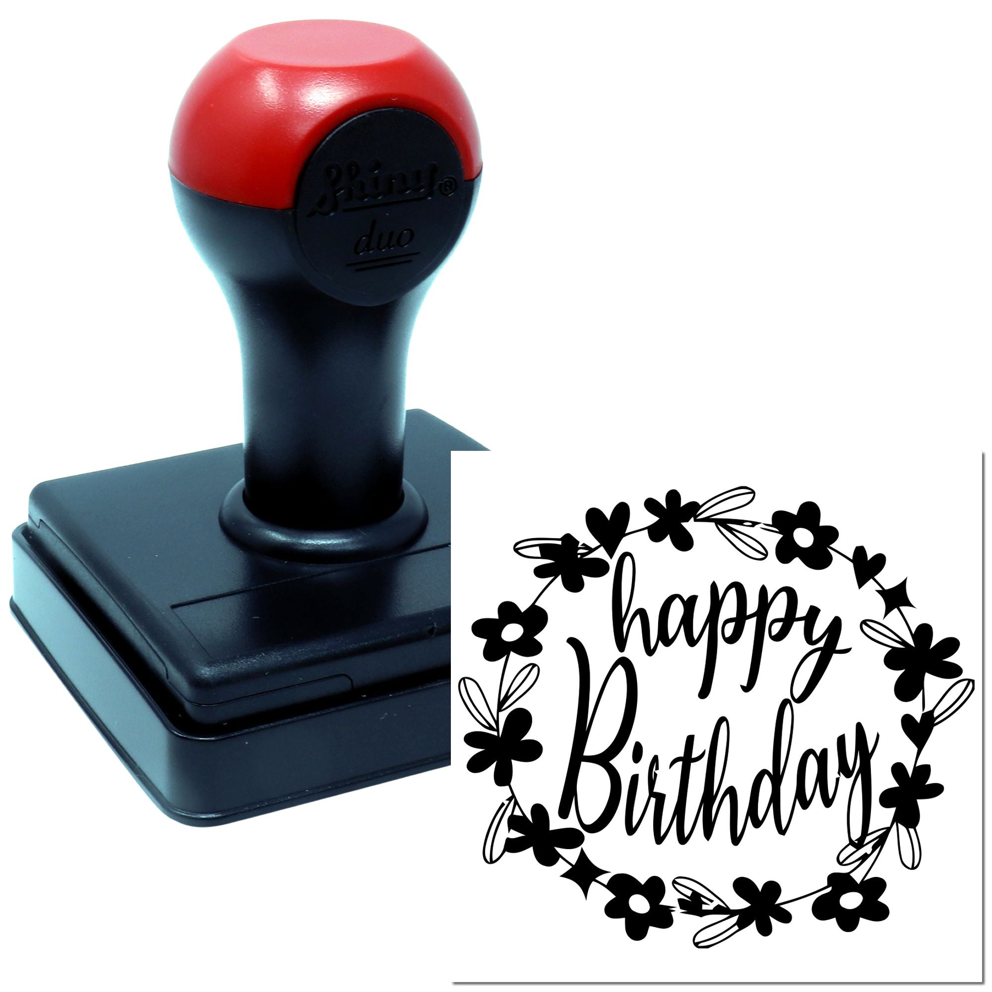 Self-inking rubber stamp featuring a Happy Birthday floral design for cards, crafts, and gift packaging.