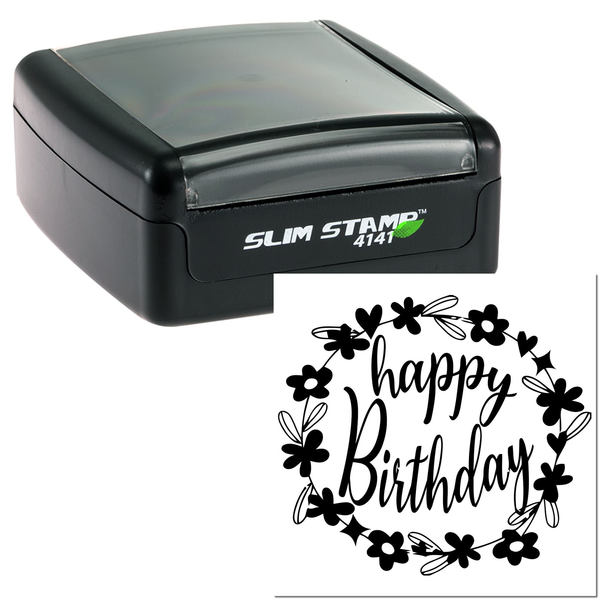 Self-inking birthday rubber stamp with floral Happy Birthday wreath design for cards, gifts, and party packaging.