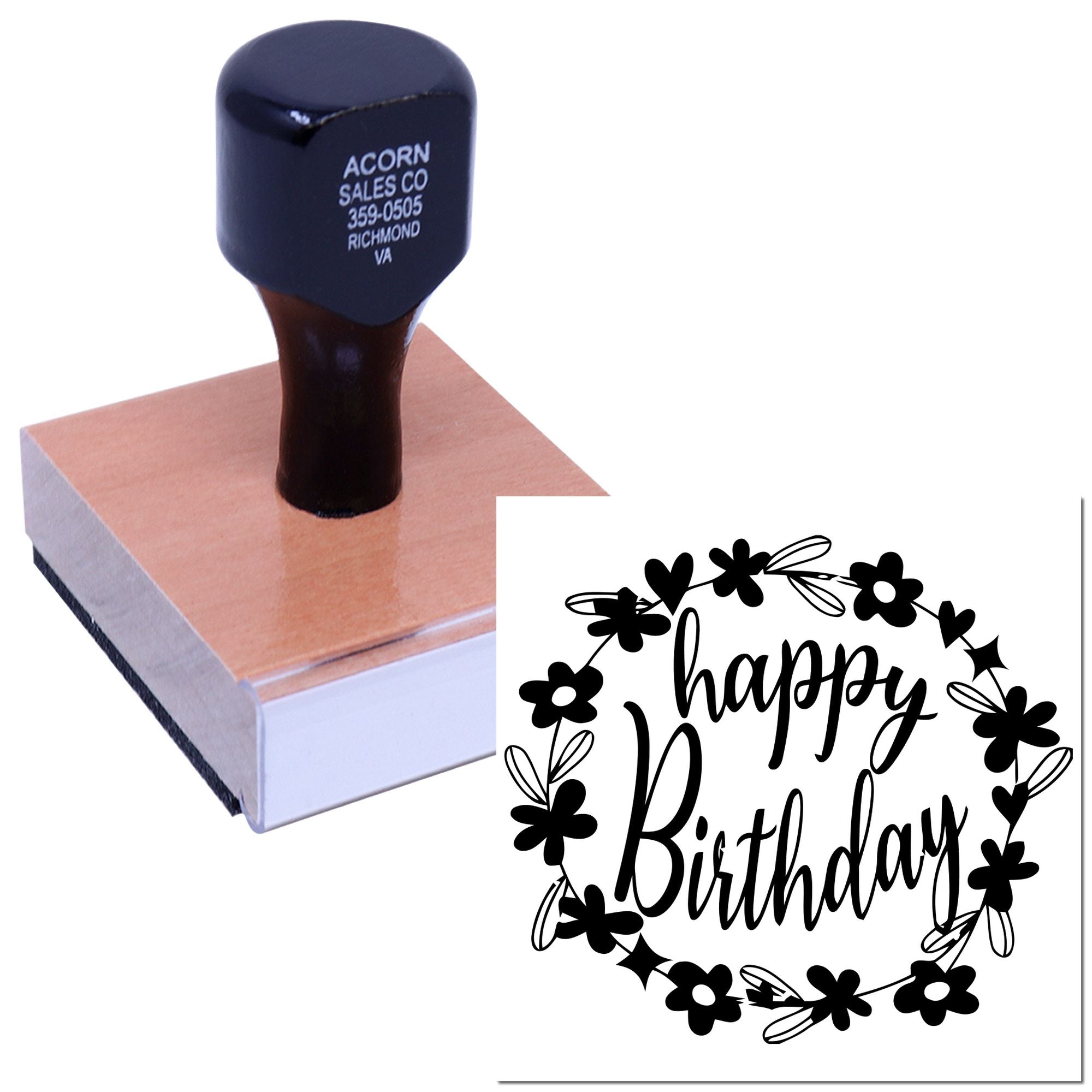 Personalized Happy Birthday rubber stamp with floral wreath design for birthday cards, invitations, and handmade gifts.