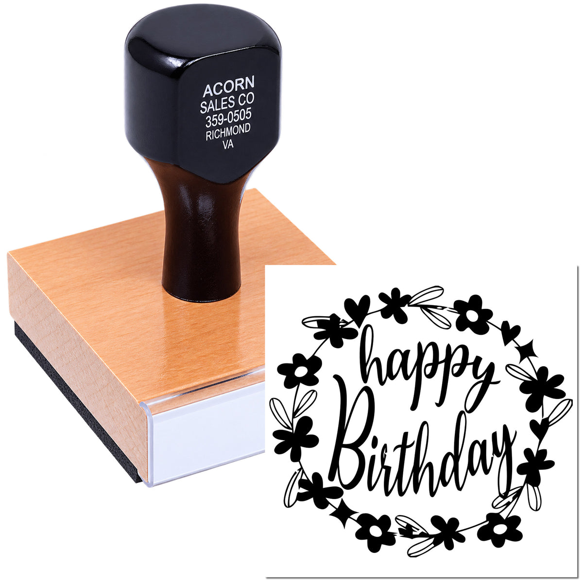 Personalized Happy Birthday rubber stamp with floral wreath design for birthday cards, invitations, and handmade gifts.
