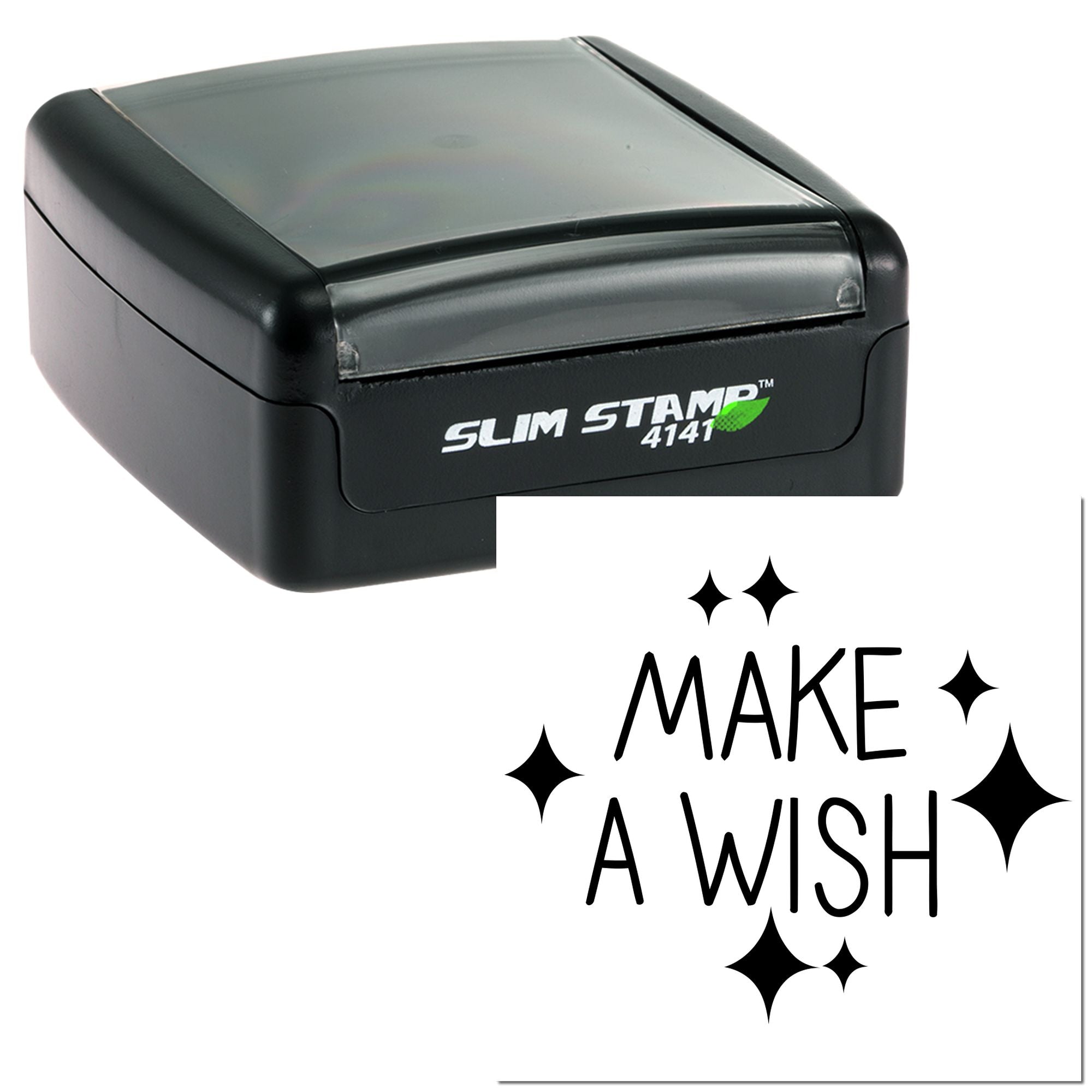 Slim Stamp 4141 self-inking rubber stamp with Make a Wish design for custom greeting cards, crafts, and wish-themed stamping.