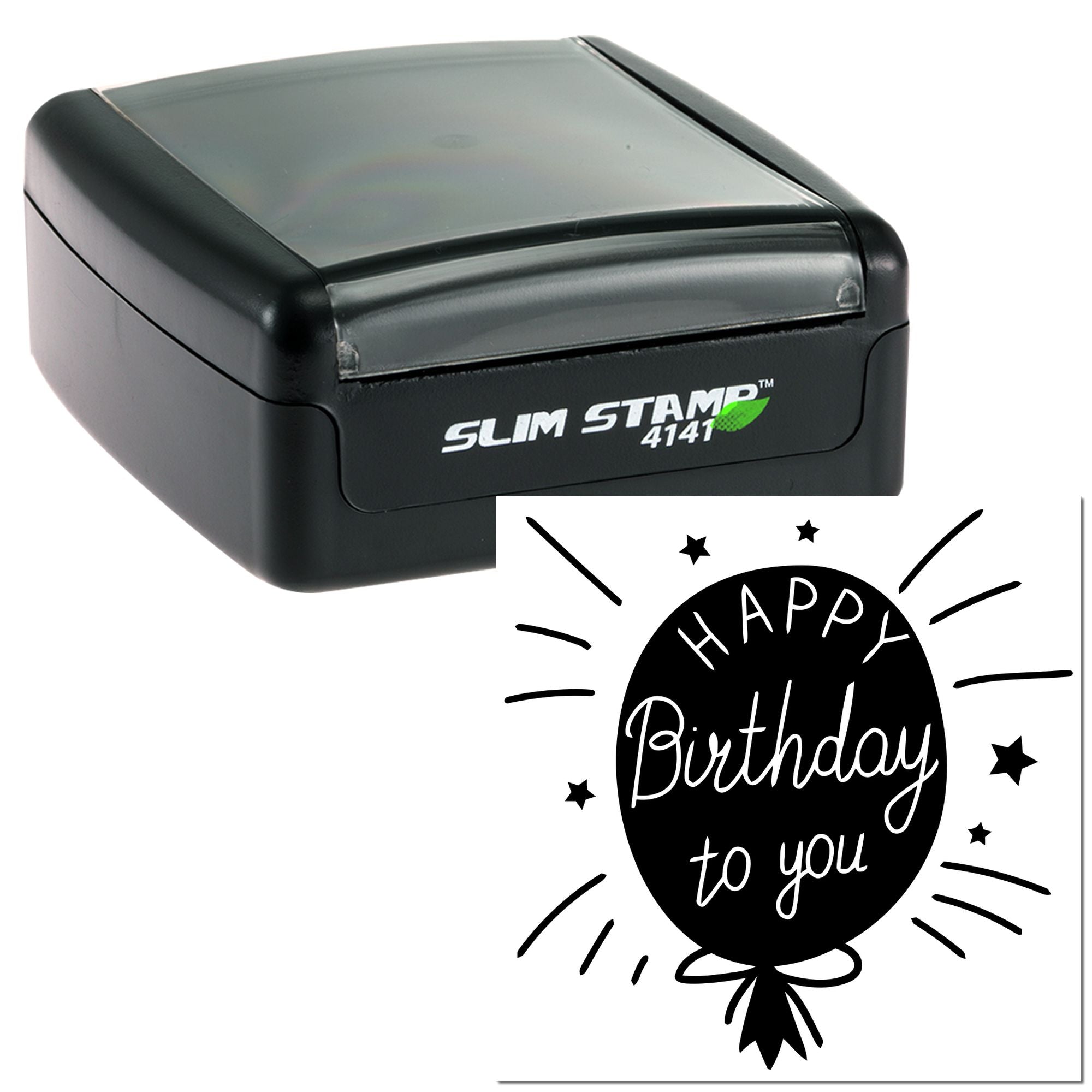Self-inking rubber birthday stamp with Happy Birthday to You balloon design for greeting cards and party packaging.