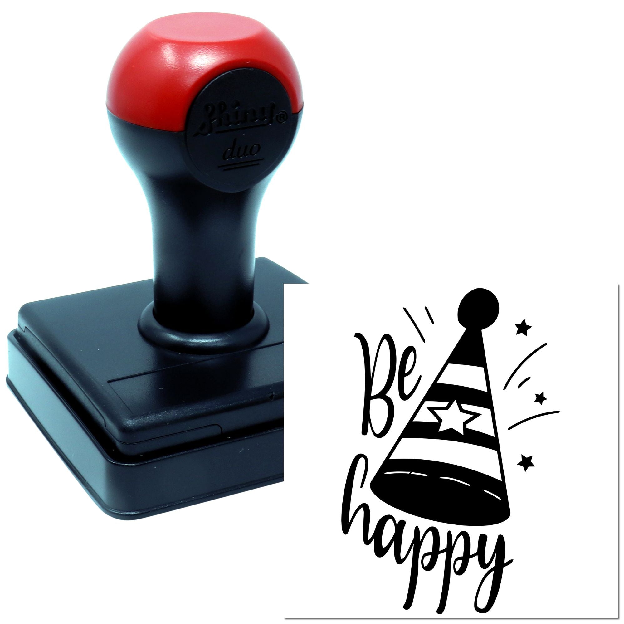 Self-inking rubber stamp with Be happy party hat design for crafting, greeting cards, and cheerful DIY projects.