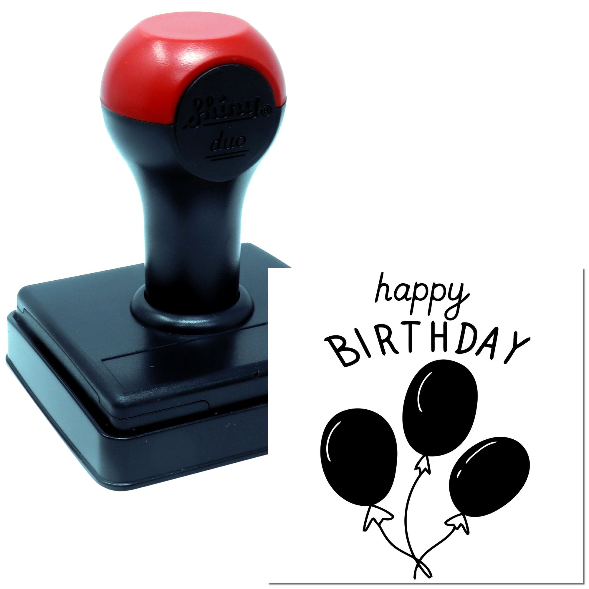 Self-inking happy birthday rubber stamp with balloon design for cards, invitations, and party packaging.