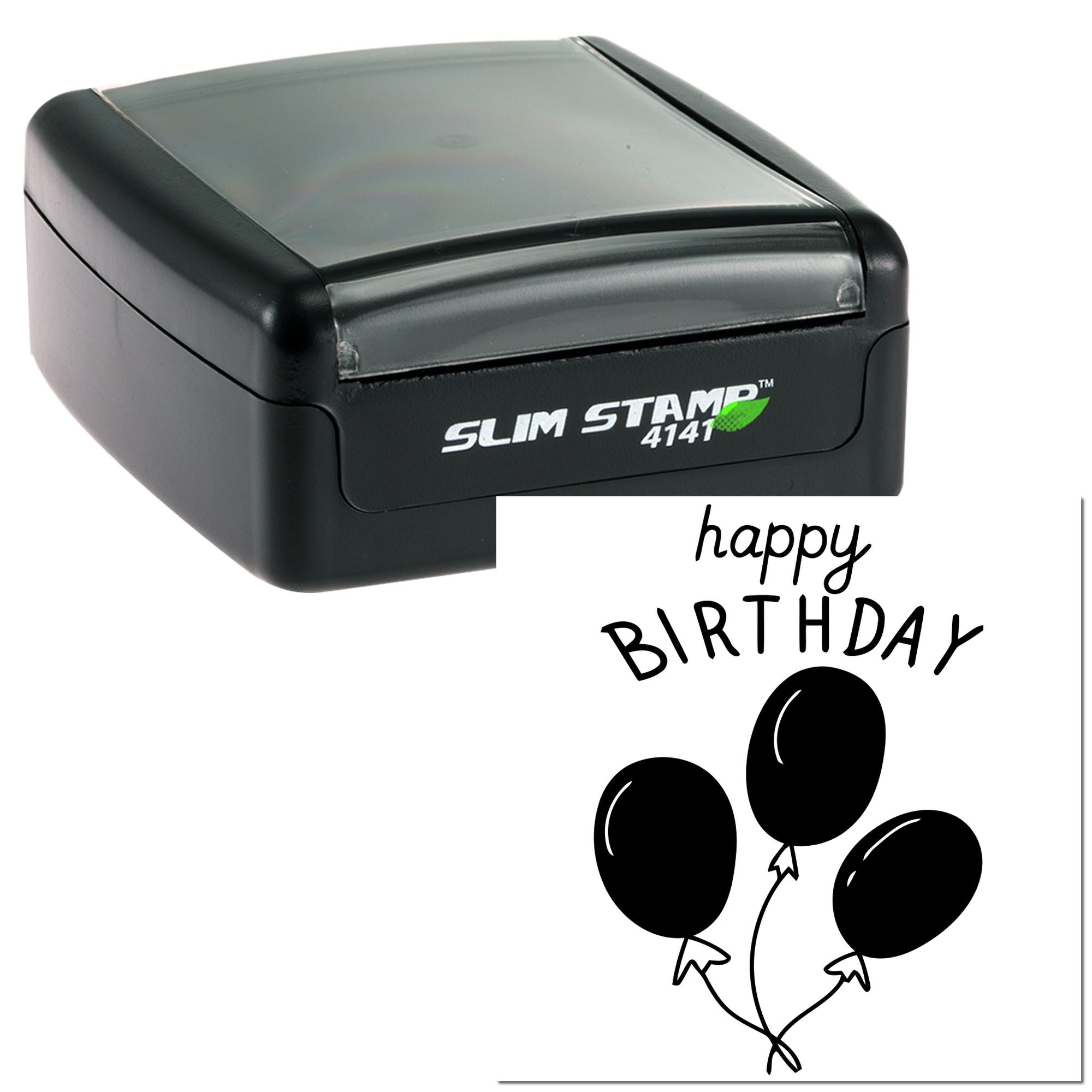 Self-inking Slim Stamp rubber stamp with Happy Birthday balloons design for personalized birthday cards, gifts, and crafts.