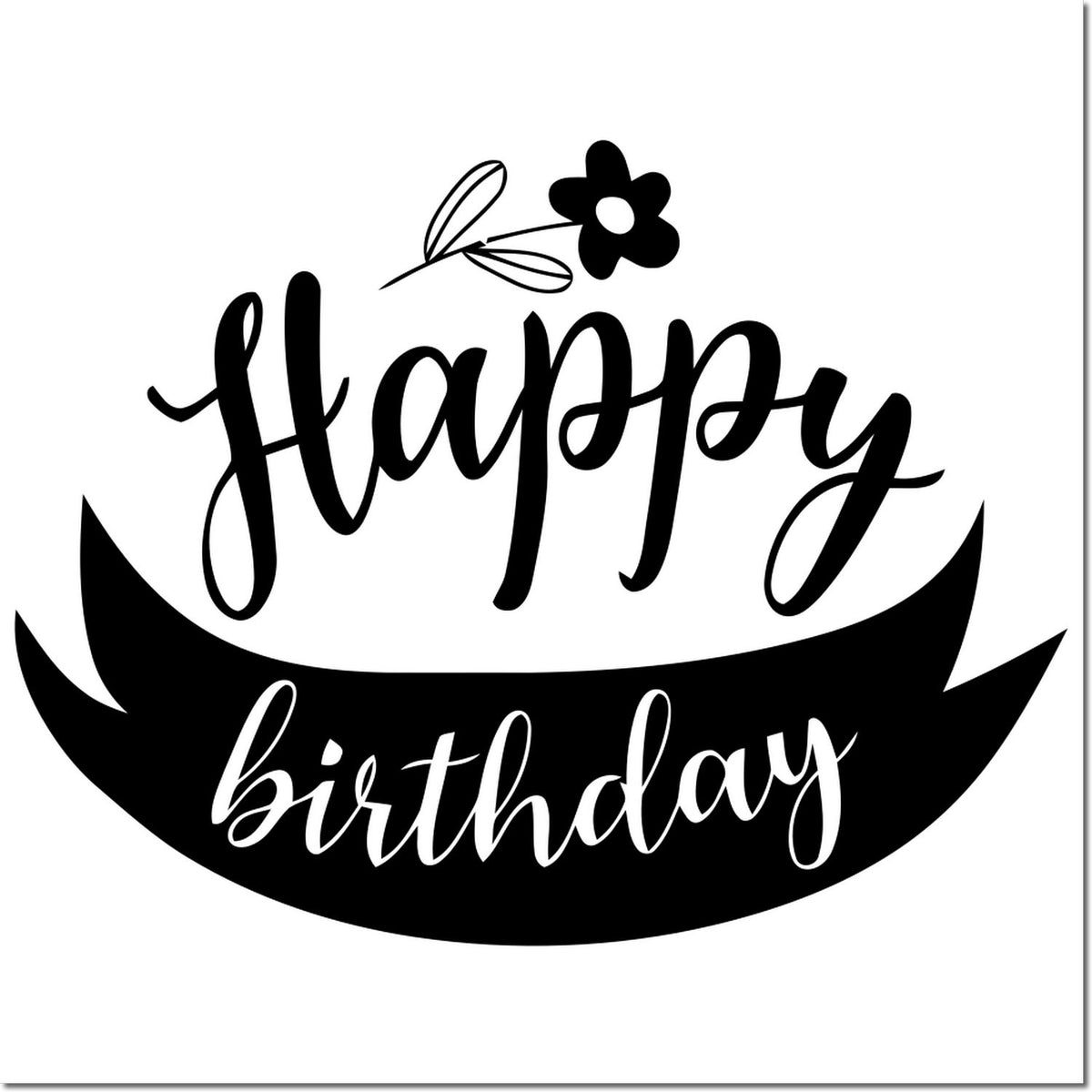 Happy Birthday rubber stamp design with flower and dragonfly accent for greeting cards, scrapbooking, and birthday crafts.