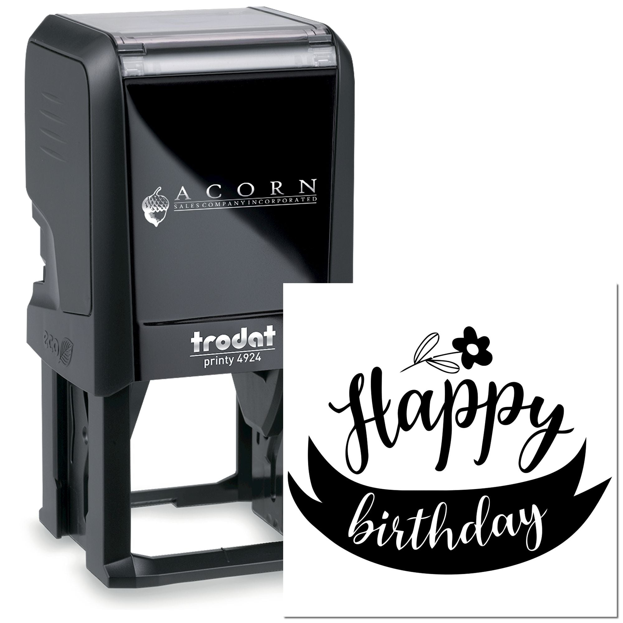 Custom Happy Birthday self-inking rubber stamp, Trodat Printy 4924, for personalized birthday cards and crafts.