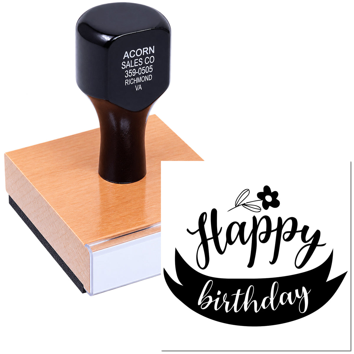 Custom Happy Birthday rubber stamp with floral script design and wood-mounted stamp block for cards and crafts.