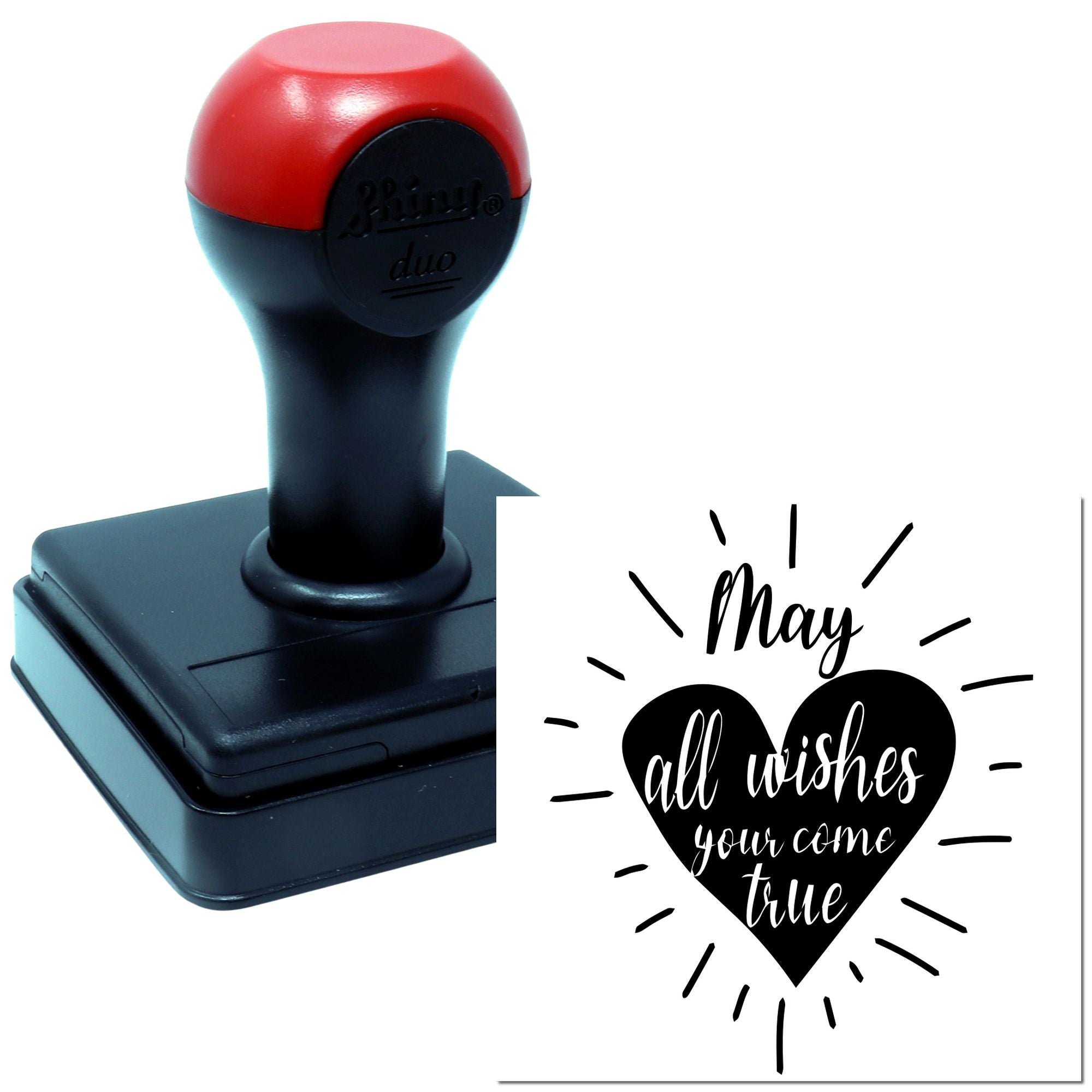 Custom self-inking rubber stamp with May all wishes come true heart design for greeting cards and crafts.