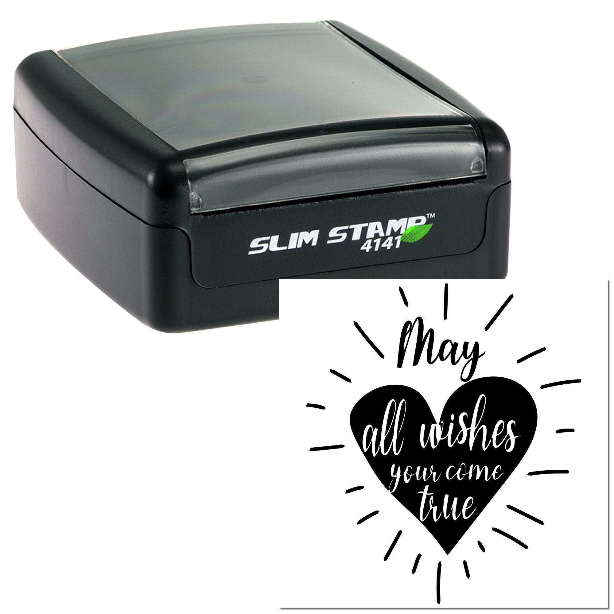 Slim self-inking rubber stamp with May all wishes come true heart design, perfect for custom wedding or celebration stamping.