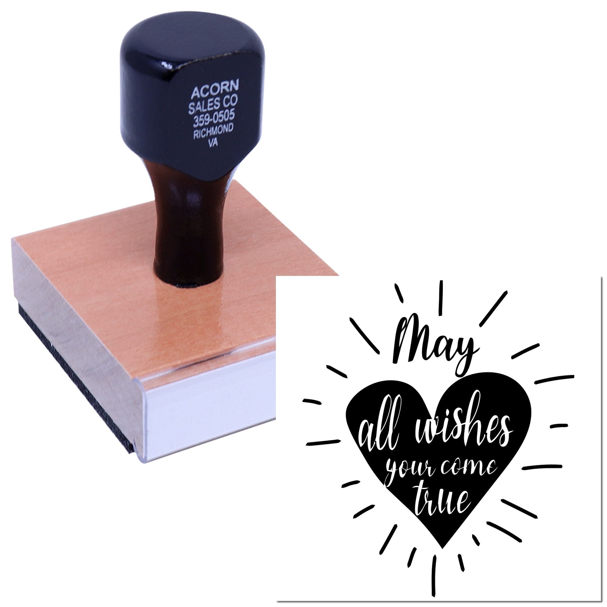Custom rubber stamp with May all wishes come true heart design for handmade cards, crafts, and stationery.