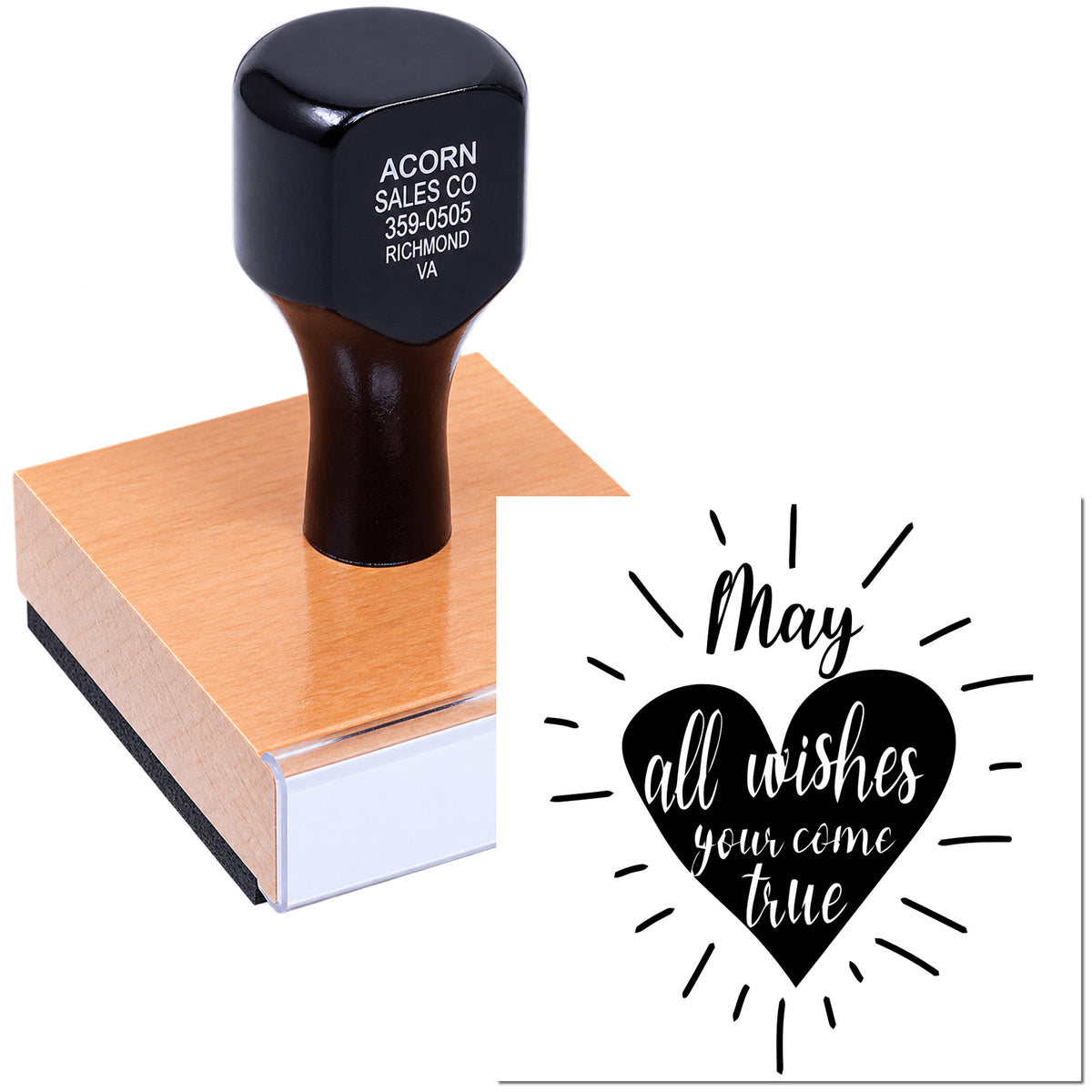 Custom rubber stamp with May all wishes come true heart design for handmade cards, crafts, and stationery.