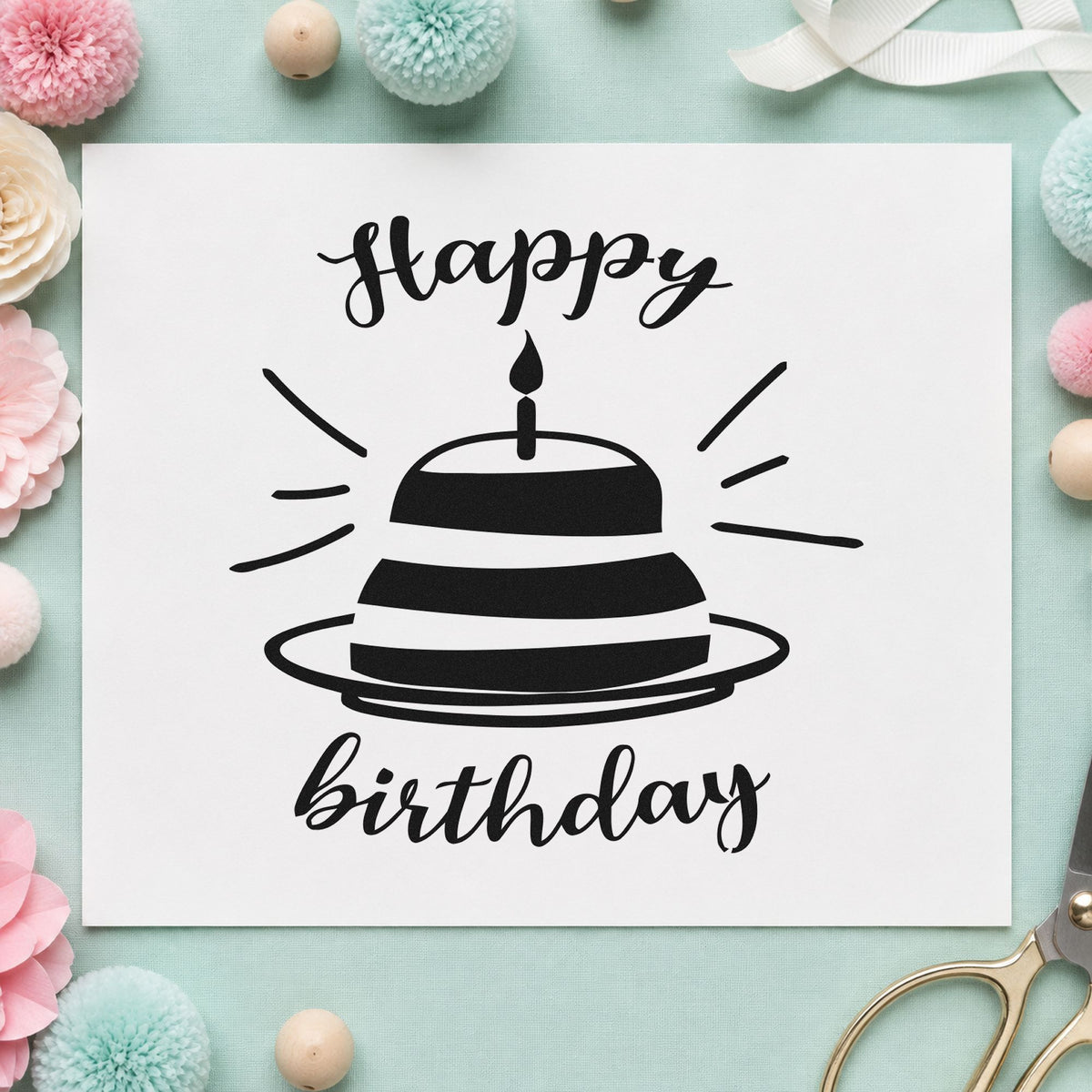 Happy Birthday Cake Rays rubber stamp printed in black ink, ready for party run sheet and similar paper crafts.