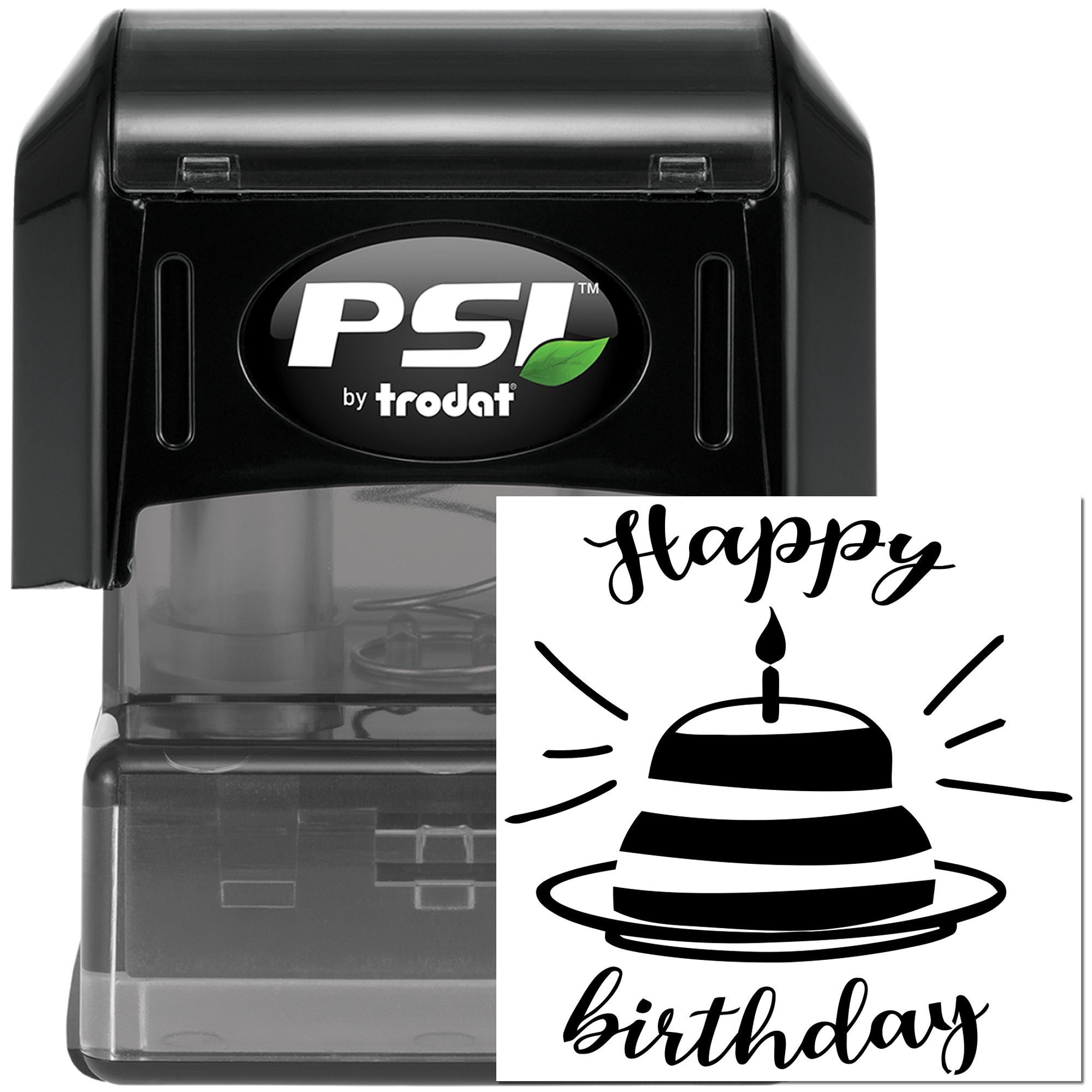 Custom self-inking Happy Birthday rubber stamp by PSI Trodat, ideal for birthday cards, crafts, and packaging.
