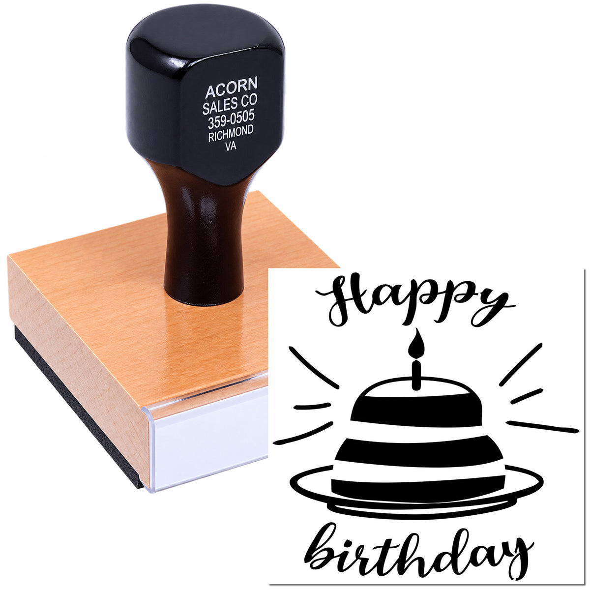 Happy birthday rubber stamp with cake design for custom birthday cards and party invitations