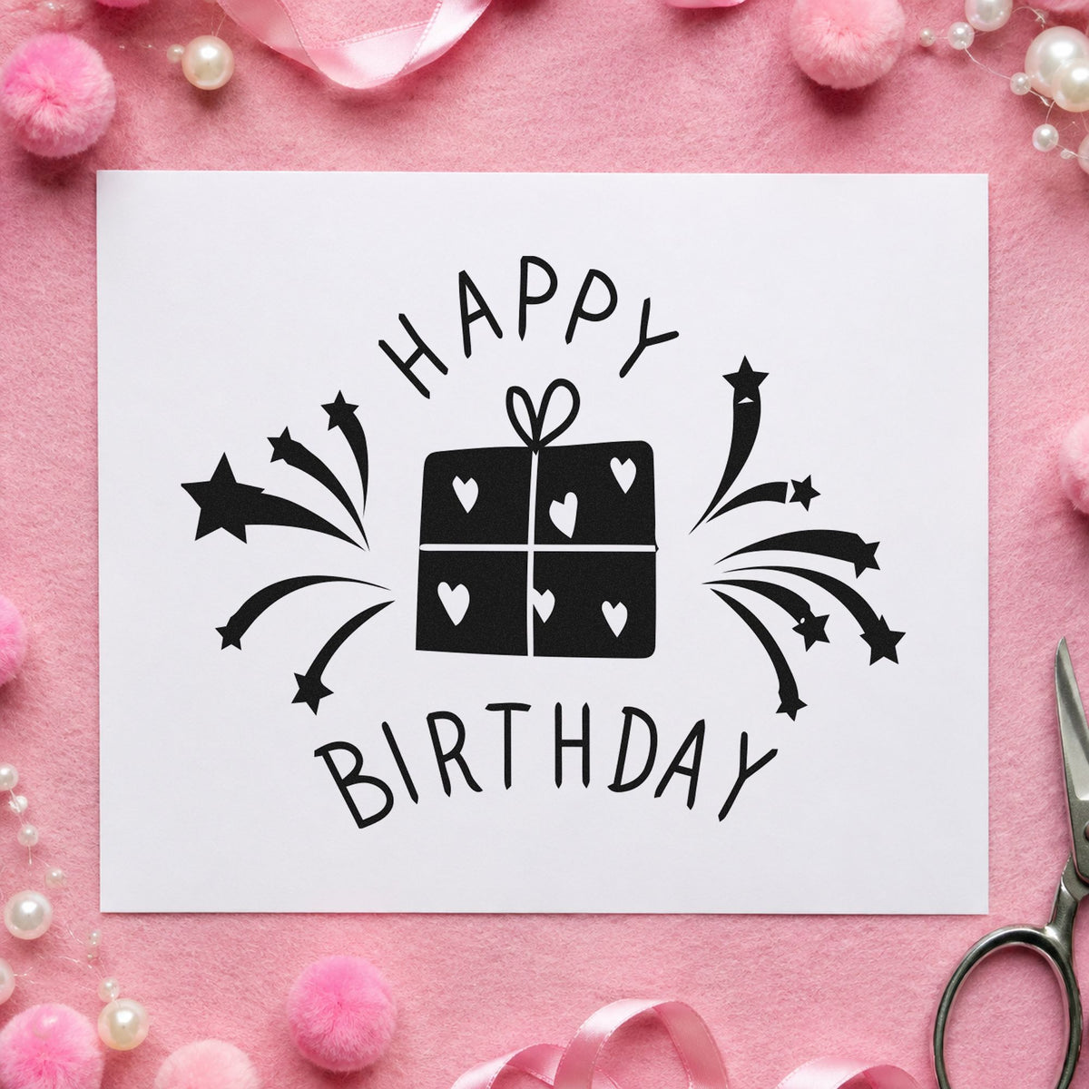 Birthday Heart Gift Fireworks rubber stamp printed in black ink, ready for donation log sheet and similar paper crafts.