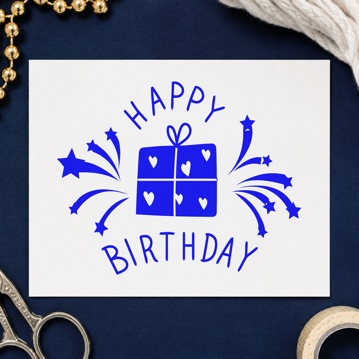 Birthday Heart Gift Fireworks craft stamp imprinted in blue ink on paper, a design suited to framed drop point.