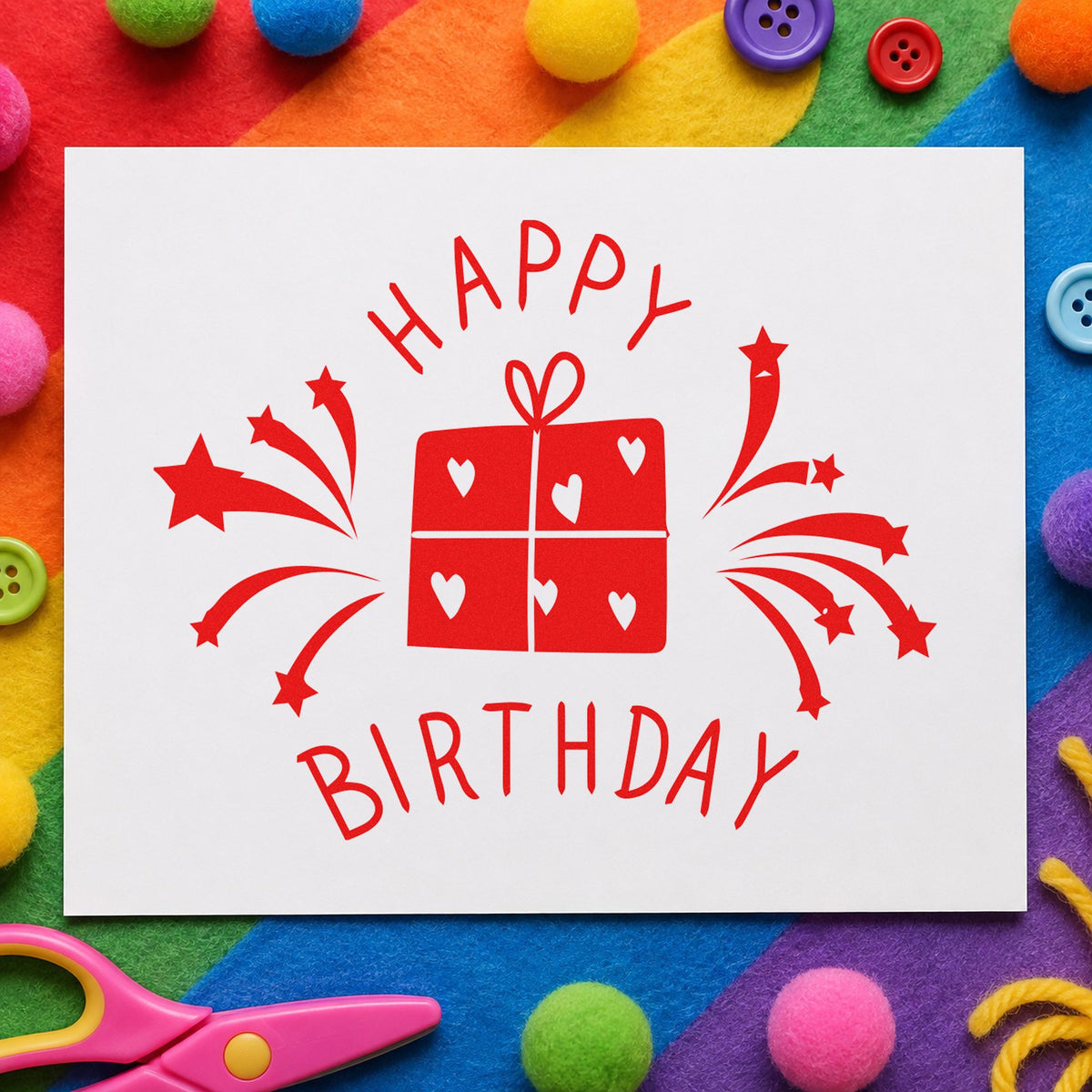 Birthday Heart Gift Fireworks rubber stamp shown in red ink, stamped for projects such as bin age labels.