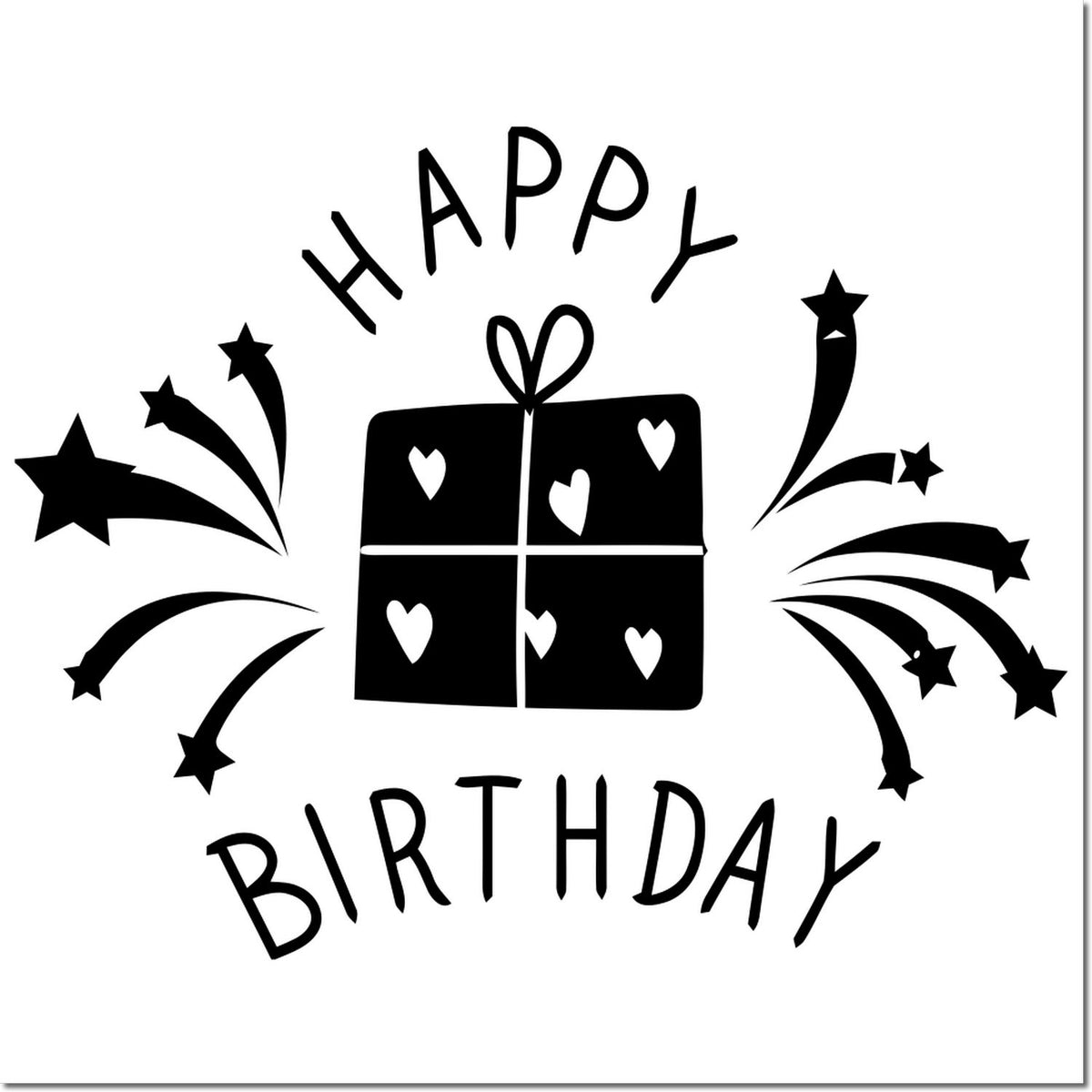 Happy Birthday rubber stamp design with gift box, hearts, and star fireworks for birthday cards and celebration crafts.