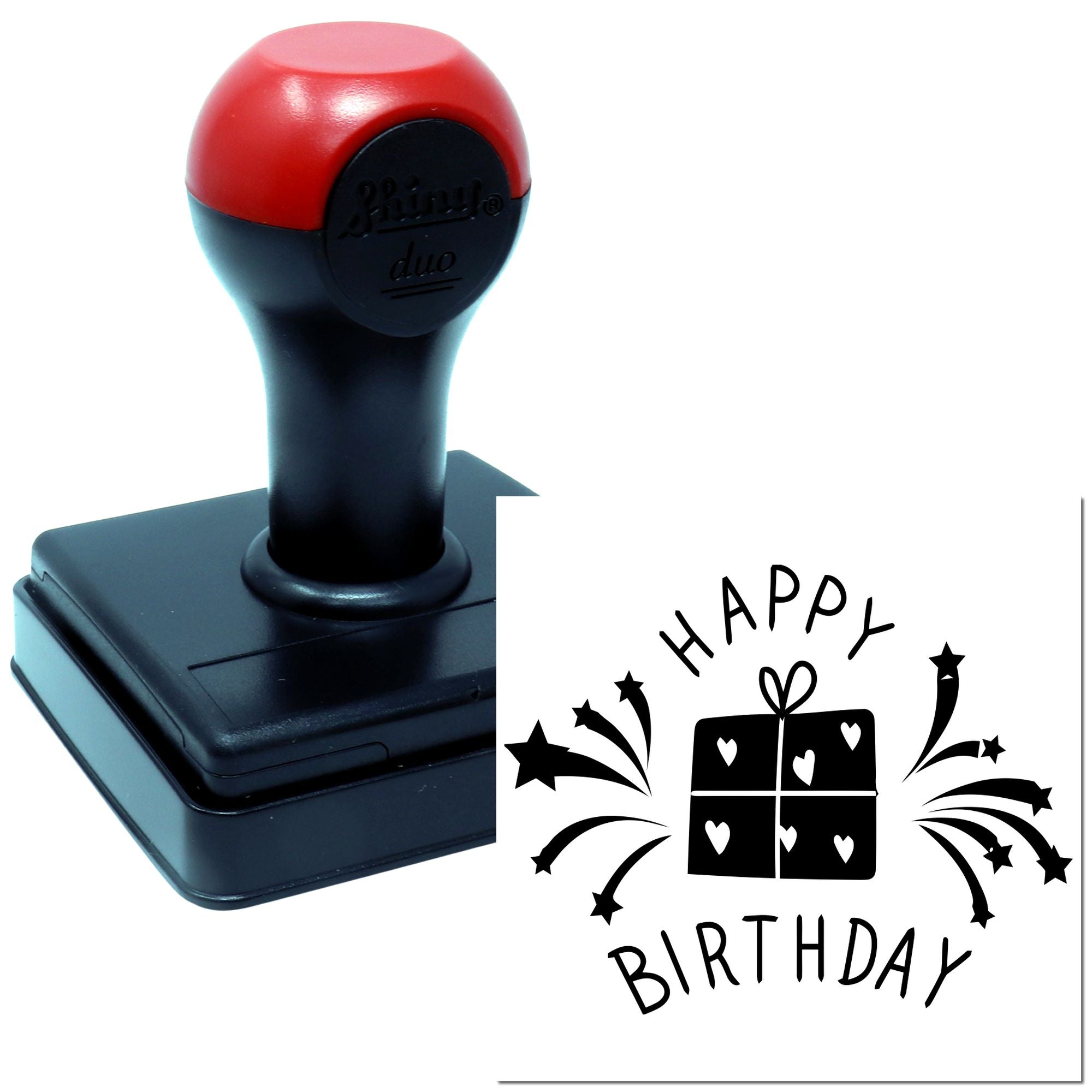 Self-inking rubber stamp with Happy Birthday gift design imprint for birthday cards and party invitations.