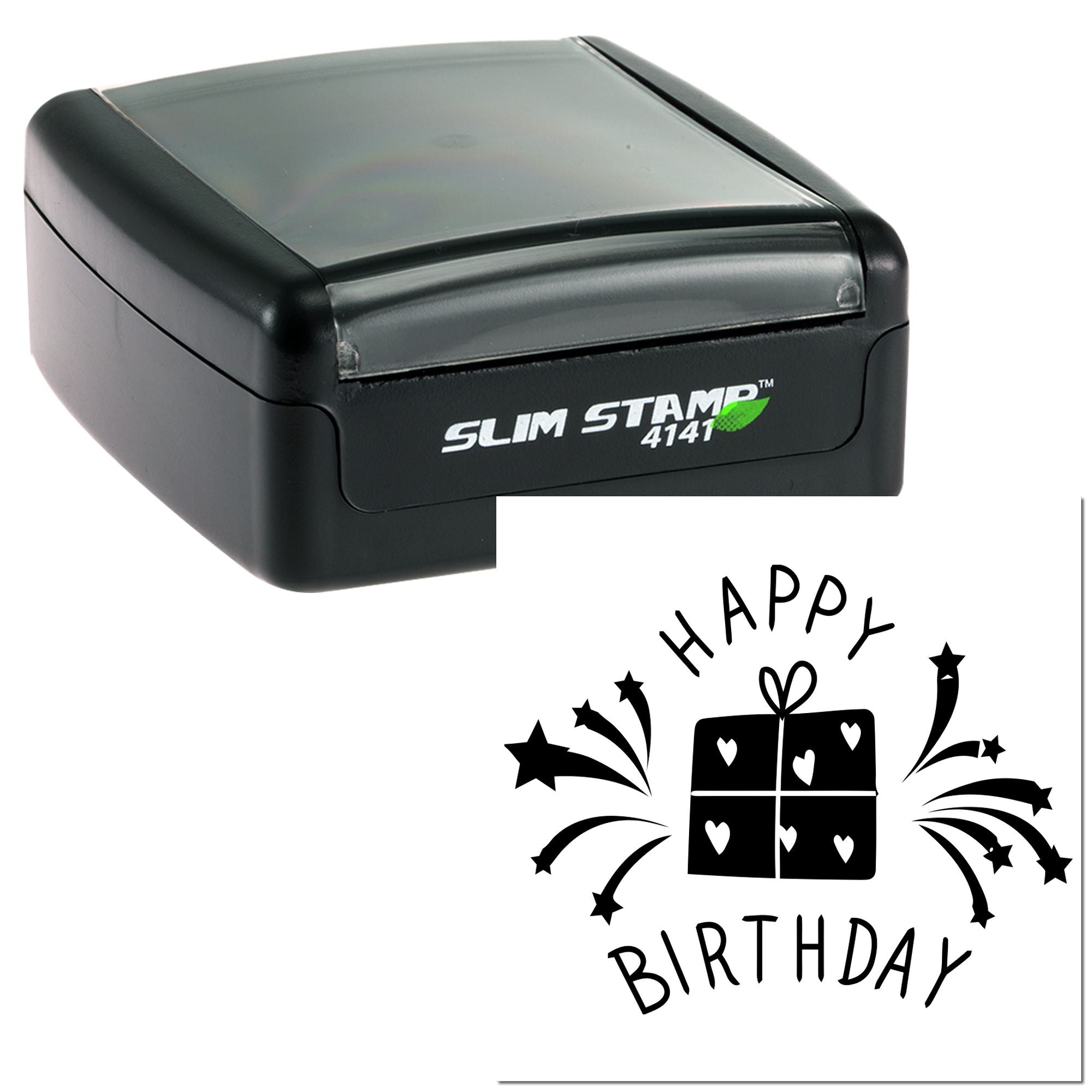 Slim Stamp 4141 self-inking rubber stamp with Happy Birthday gift design for custom birthday cards and invitations.