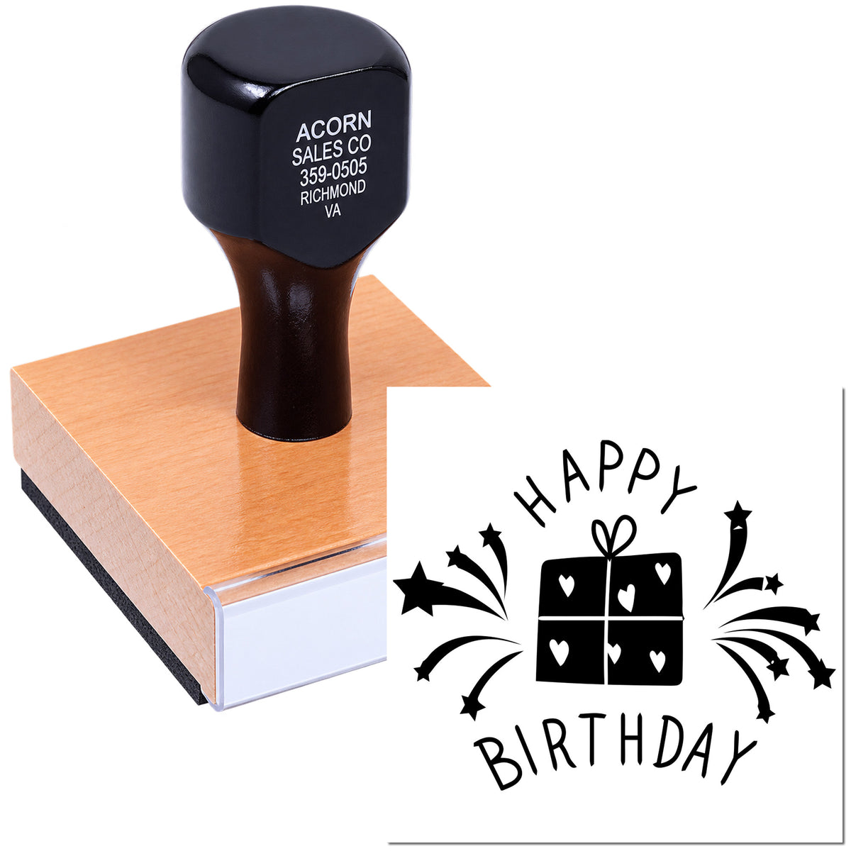 Custom Happy Birthday rubber stamp for cards and invitations, with gift box design for festive party stamping.