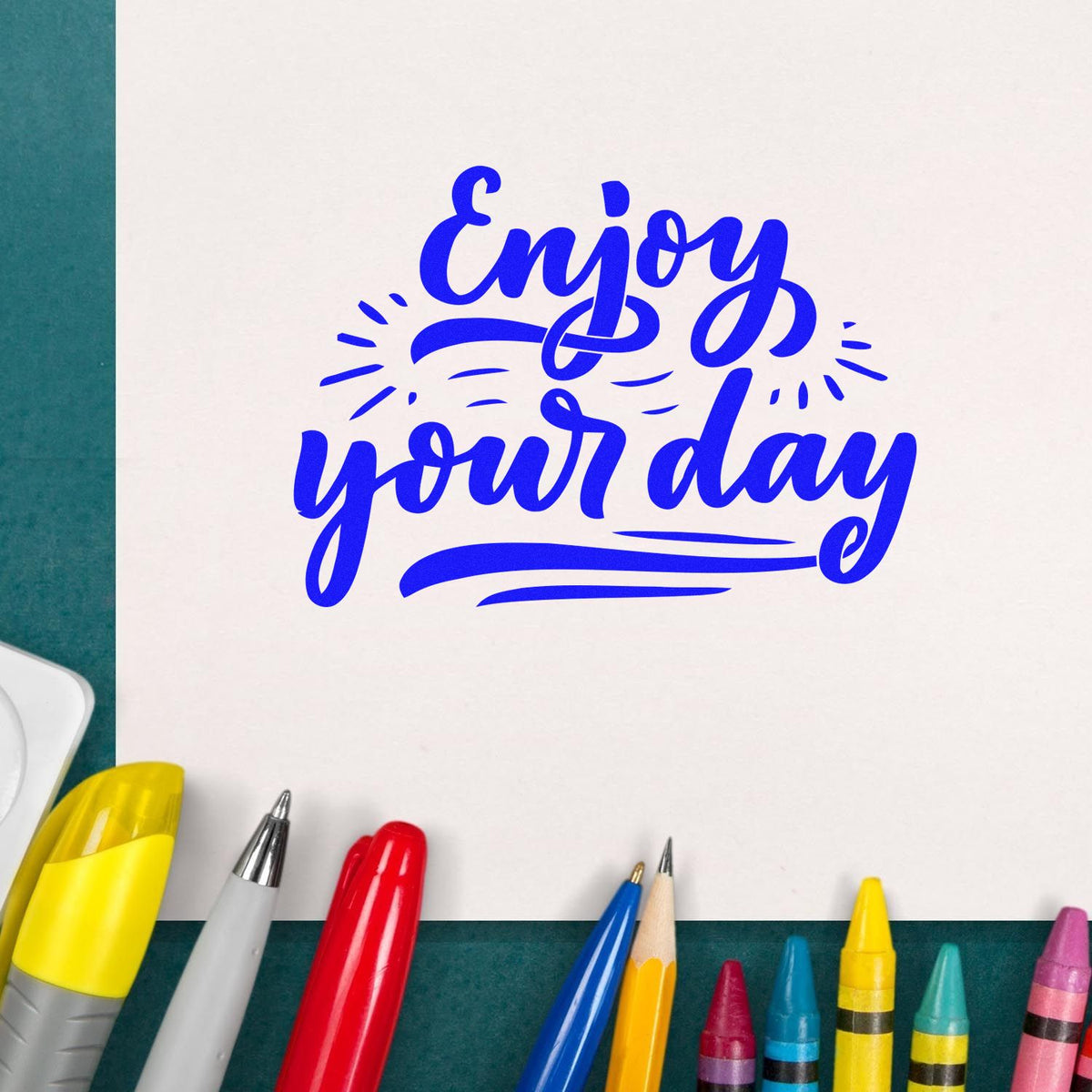 Enjoy Your Day Script rubber stamp shown in blue ink, stamped for projects such as leave year album page.