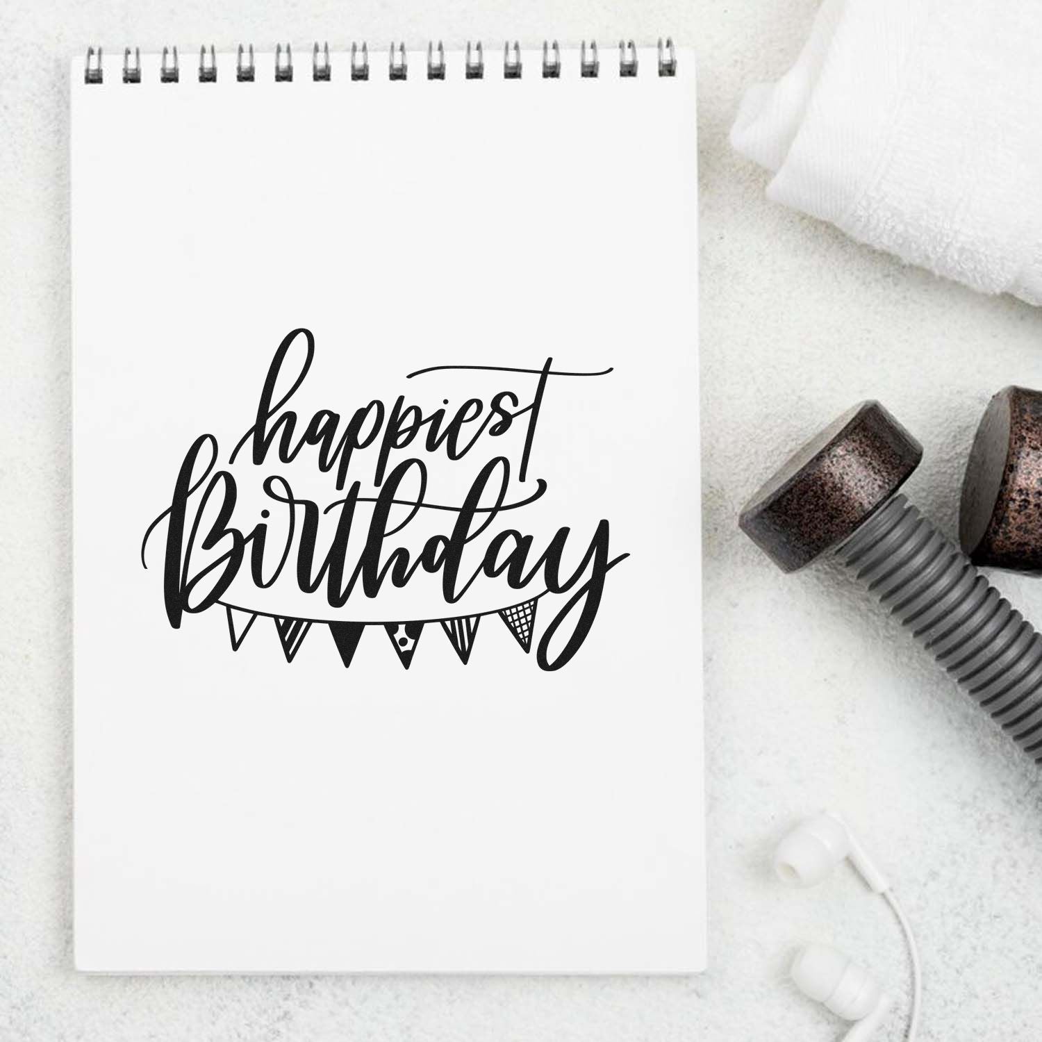 Custom birthday rubber stamp with happiest birthday script design for handmade cards, scrapbooking, and party crafts.