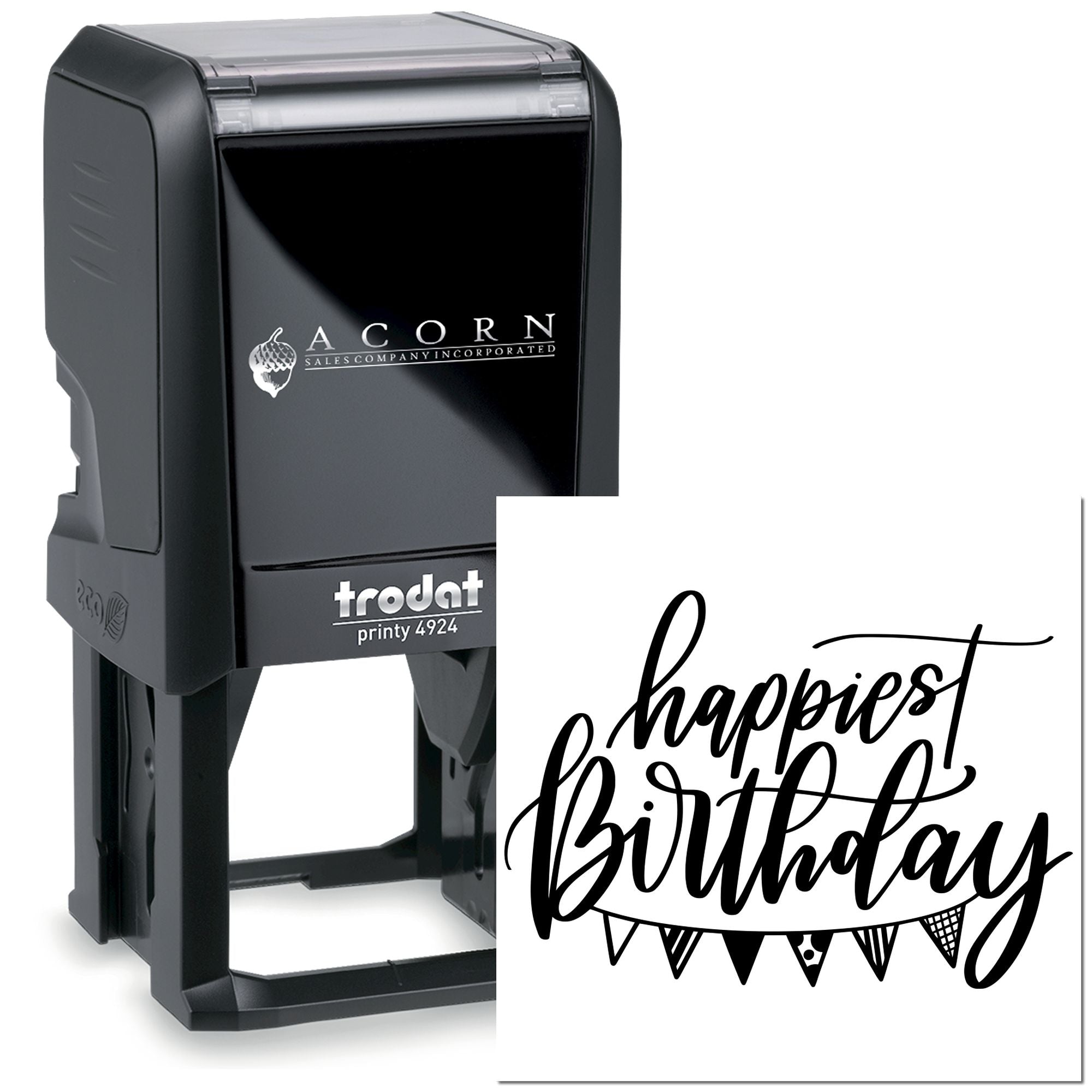 Custom self-inking birthday rubber stamp with Happiest Birthday design for personalized cards, gifts, and party favors.