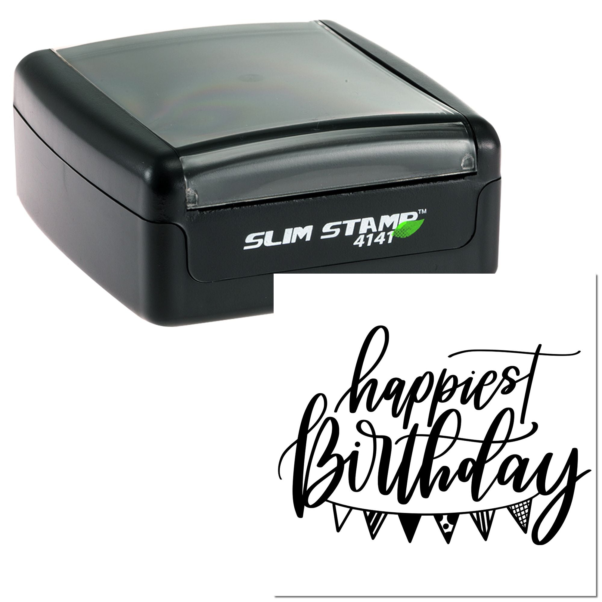 Self-inking Slim Stamp 4141 rubber stamp with custom Happiest Birthday design for handmade birthday cards.