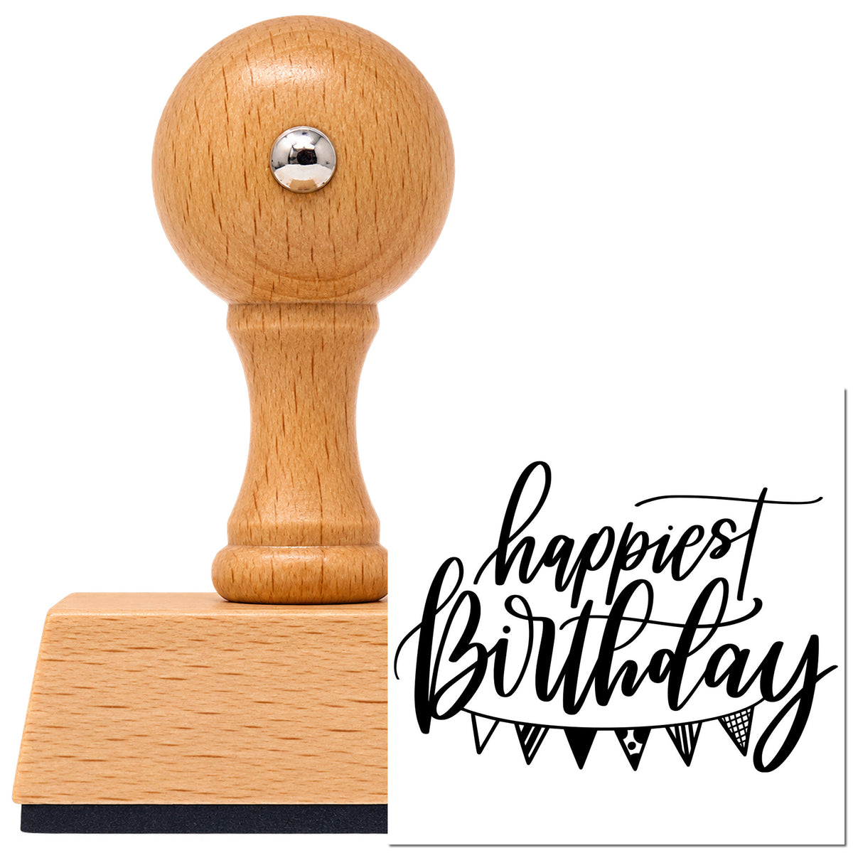 Happiest Birthday Pennant Bunting Vintage Pro rubber stamp in European beech wood with a round knob handle, shown beside its black imprint.