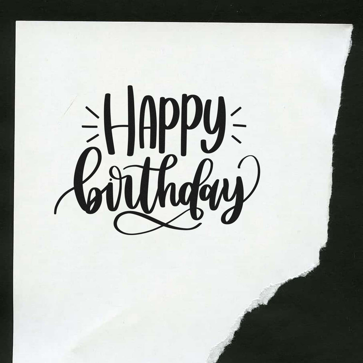 Happy Birthday rubber stamp design in decorative script, ideal for handmade birthday cards and craft projects.