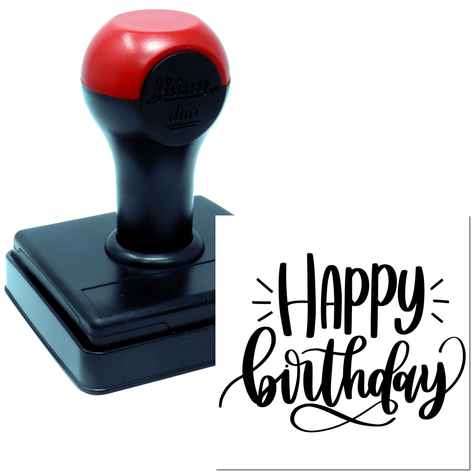 Self-inking rubber stamp with Happy Birthday design for custom birthday cards, invitations, and crafts.
