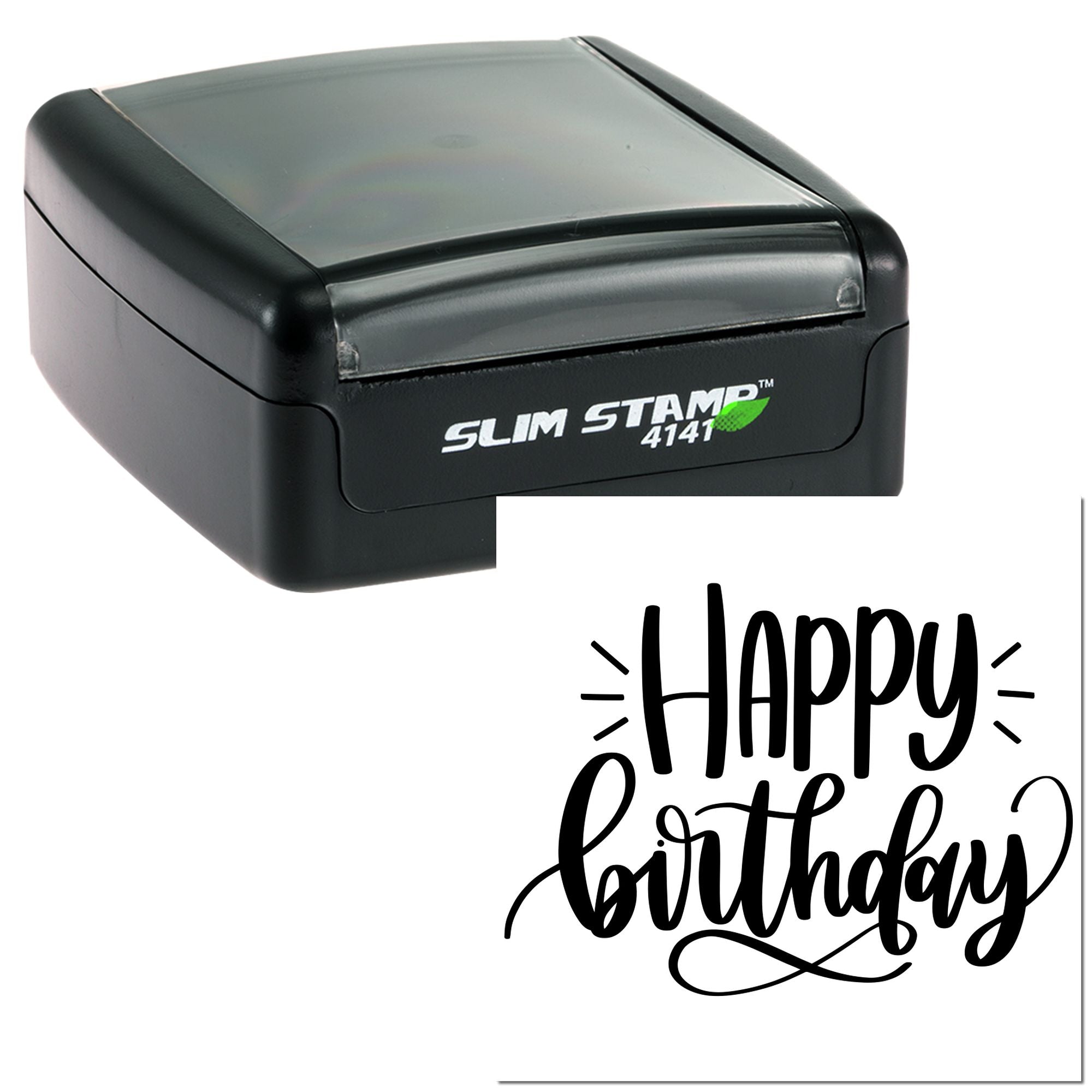 Happy Birthday self-inking rubber stamp, Slim Stamp 4141, for custom birthday card greetings.