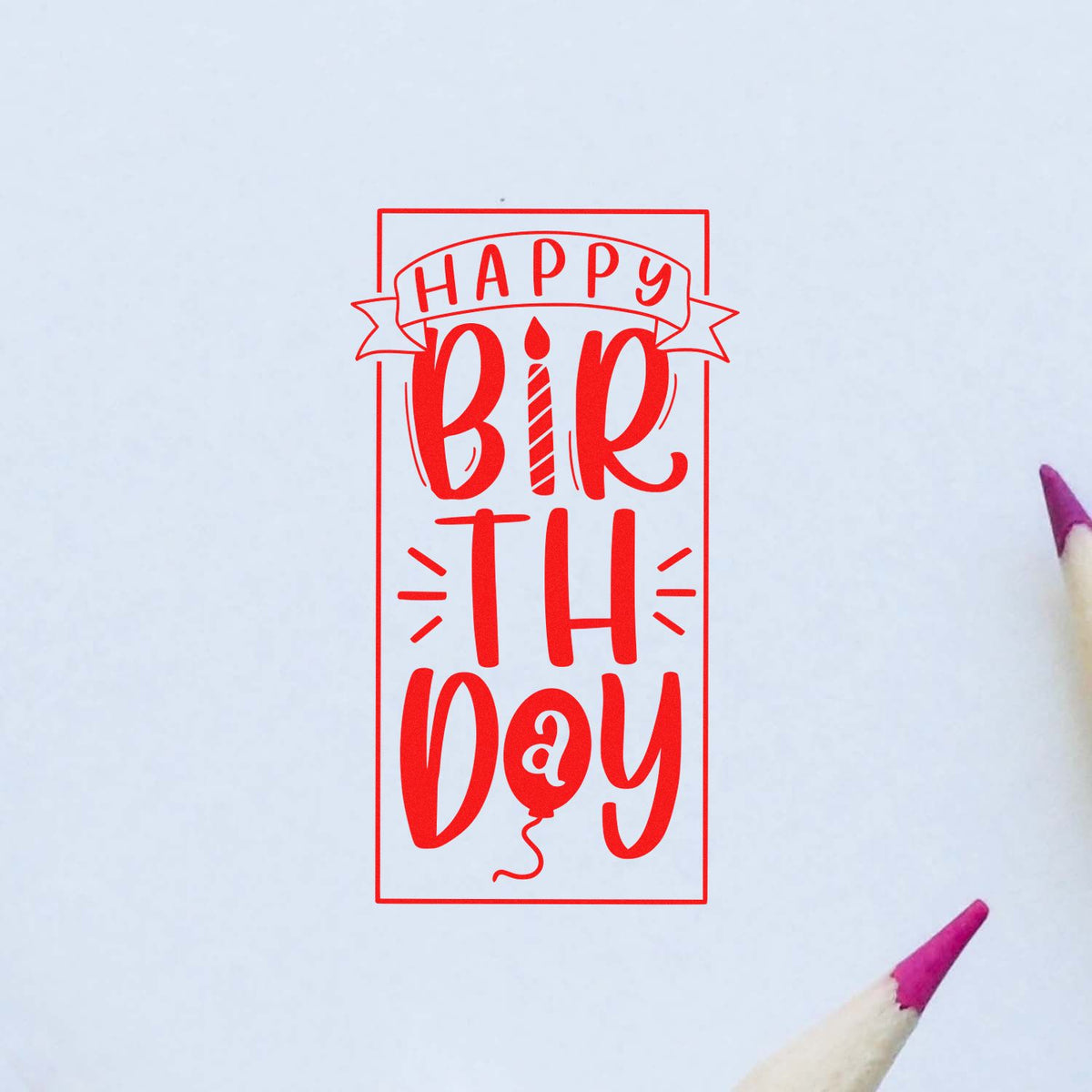 Happy Birthday rubber stamp design in red, perfect for birthday cards, handmade crafts, and party stationery.
