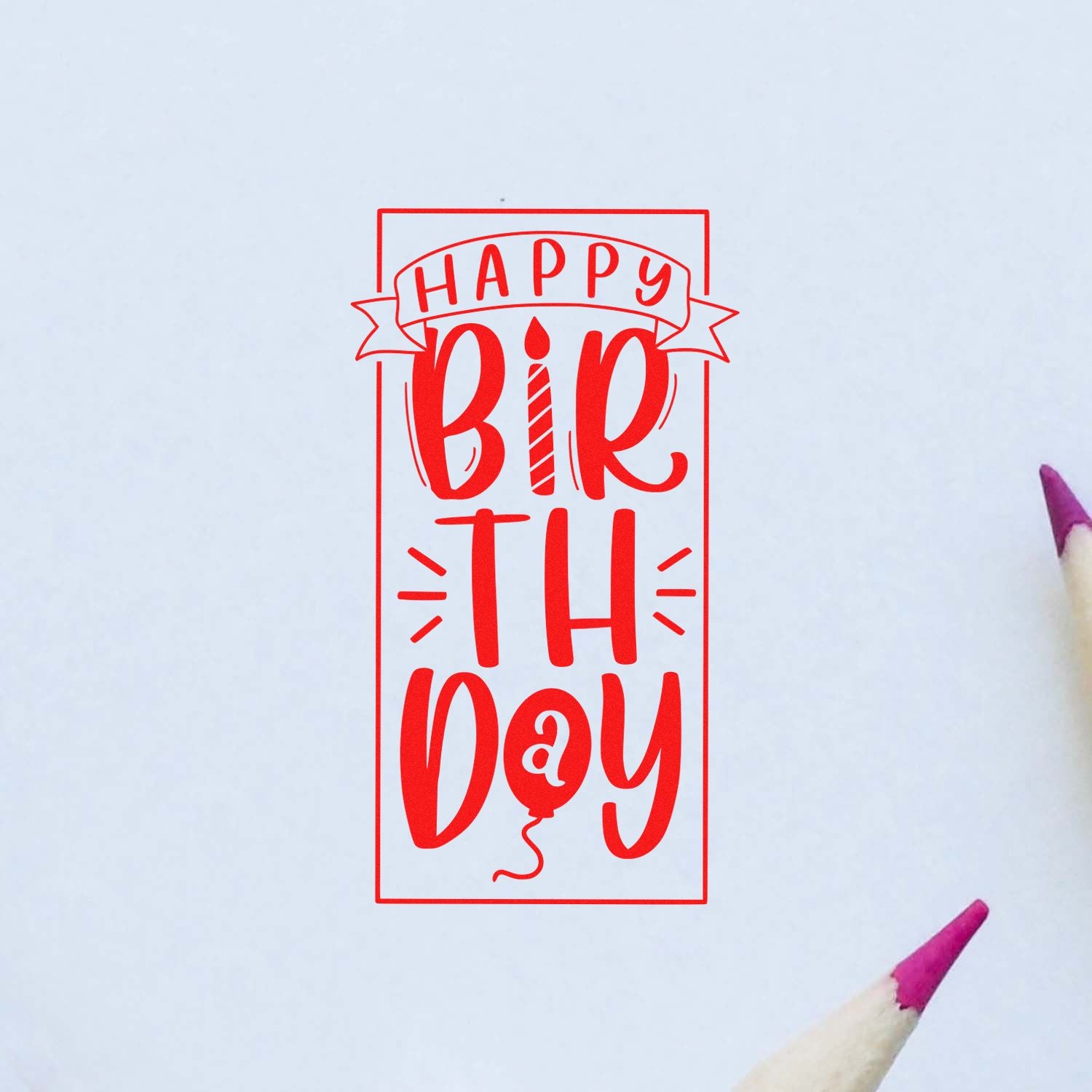 Red Happy Birthday rubber stamp design with candle lettering, ideal for birthday cards, crafts, and scrapbooking.