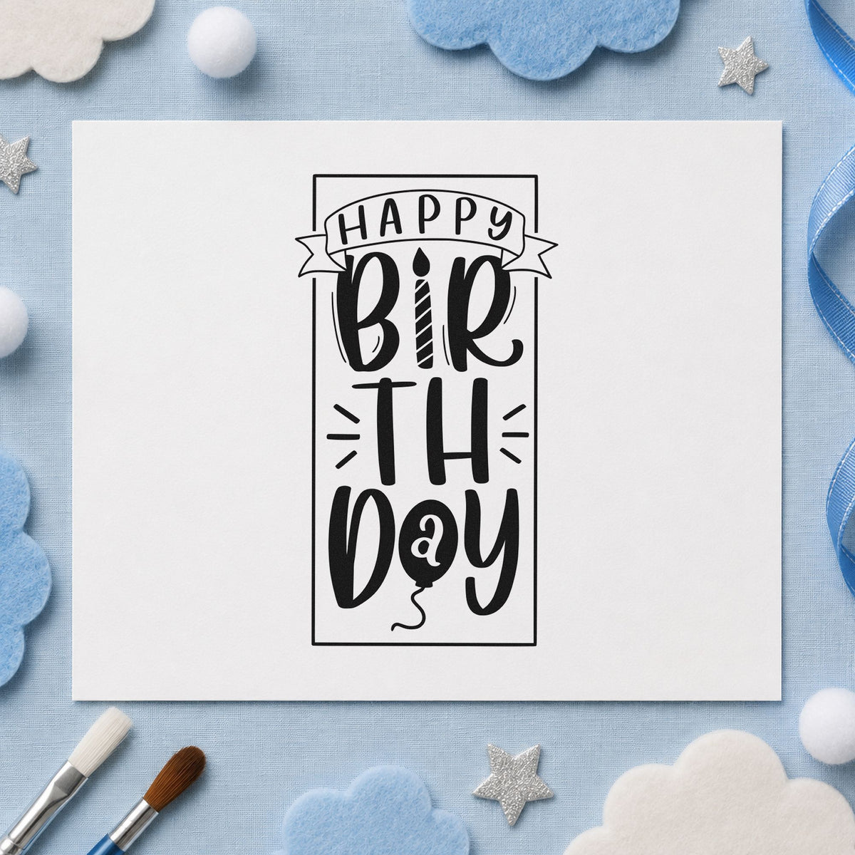 Happy Birthday Upright Banner Frame Pre-Inked Stamp – PSI in use 3
