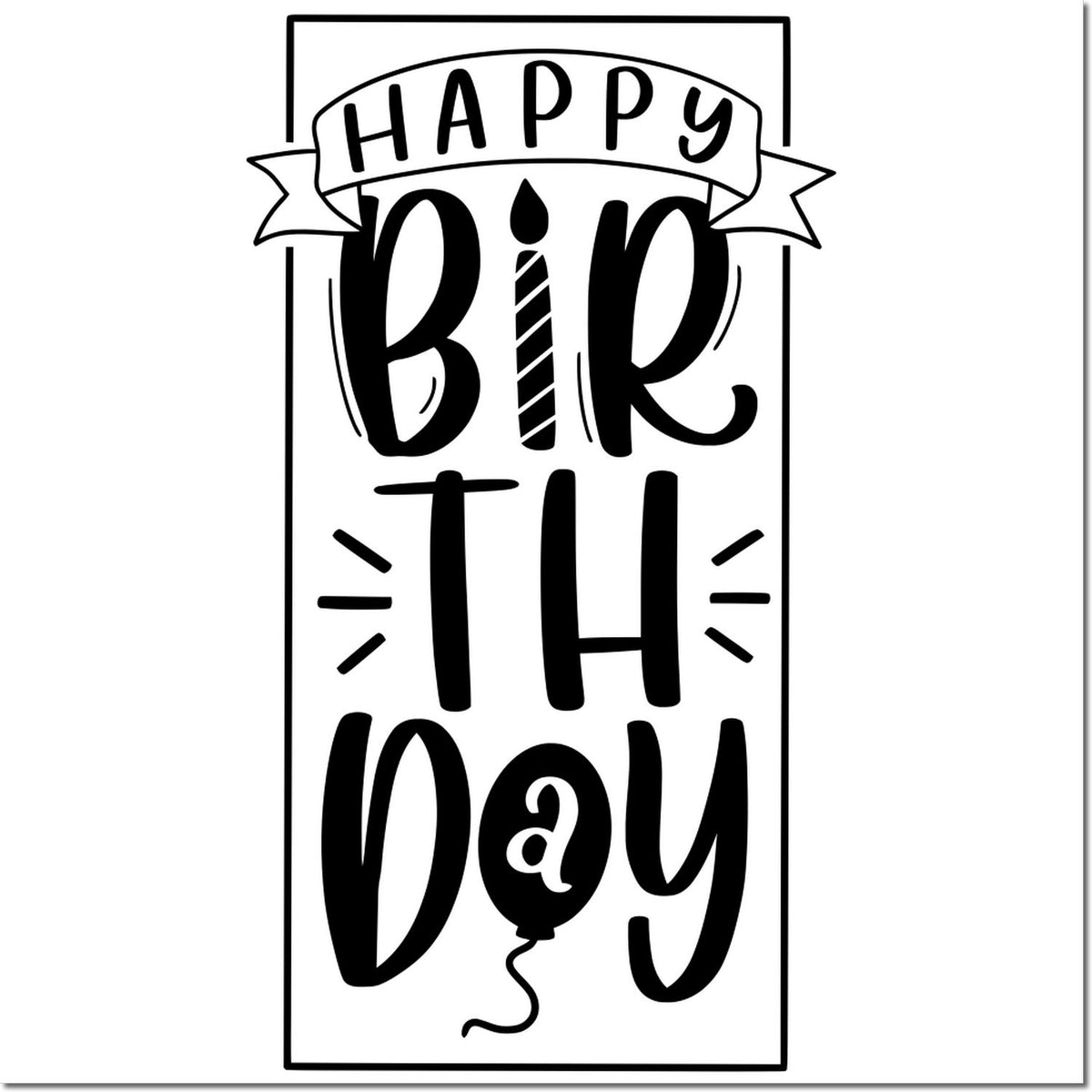 Happy Birthday rubber stamp design with playful black lettering and candle accent for greeting cards and crafts