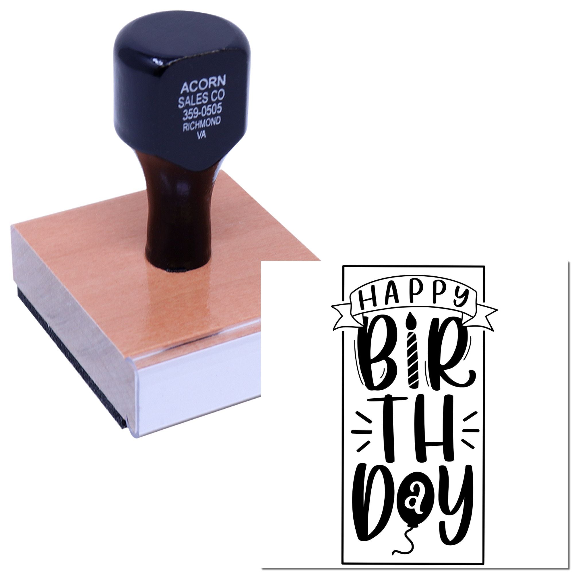 Happy Birthday rubber stamp with wood handle for custom birthday cards, invitations, and craft projects.