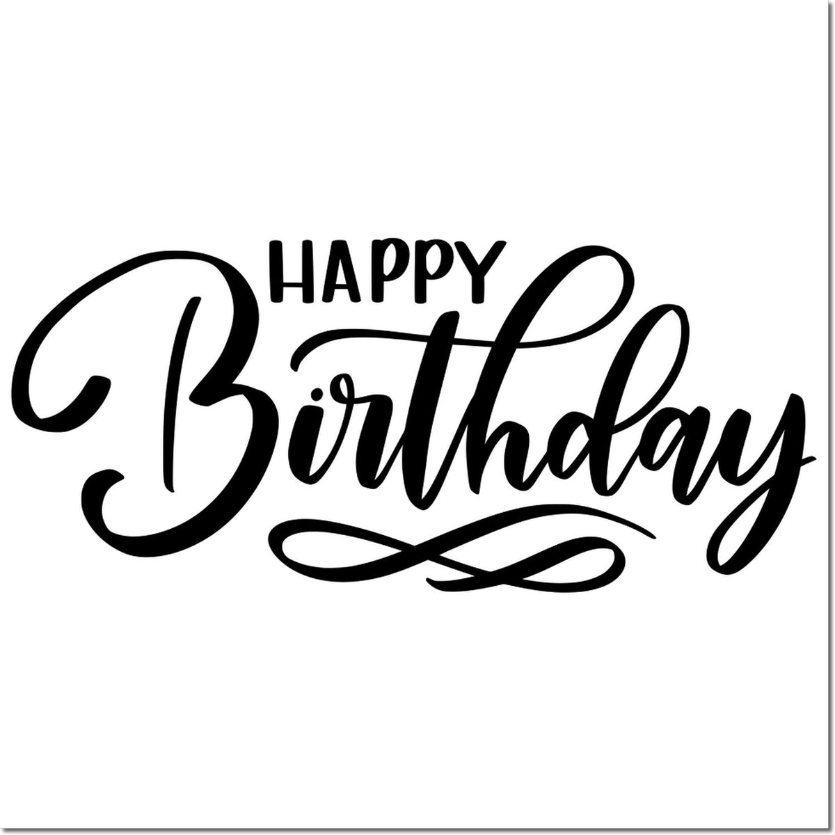 Happy Birthday decorative rubber stamp design with elegant script lettering for birthday cards, crafts, and gifts.