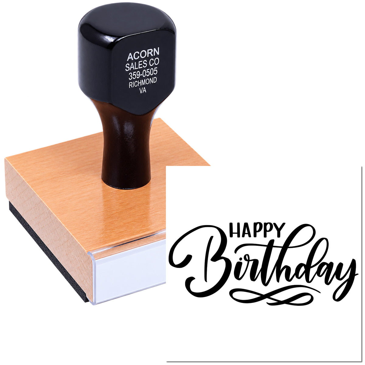 Happy Birthday rubber stamp with custom imprint for cards, invitations, and party crafts.