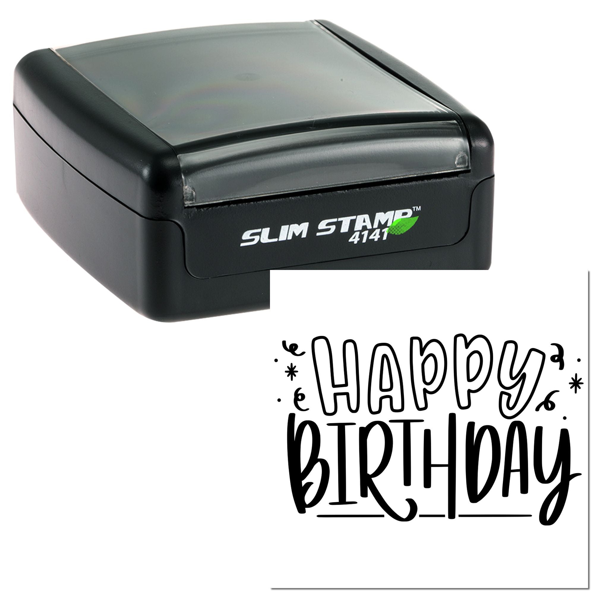 Slim Stamp 4141 self-inking rubber stamp with Happy Birthday design for custom birthday cards.