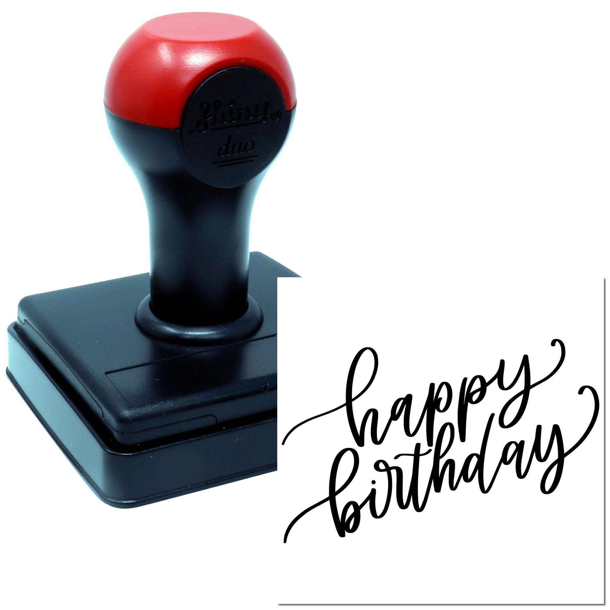 Self-inking rubber stamp with happy birthday script impression for birthday cards, invitations, and craft packaging.