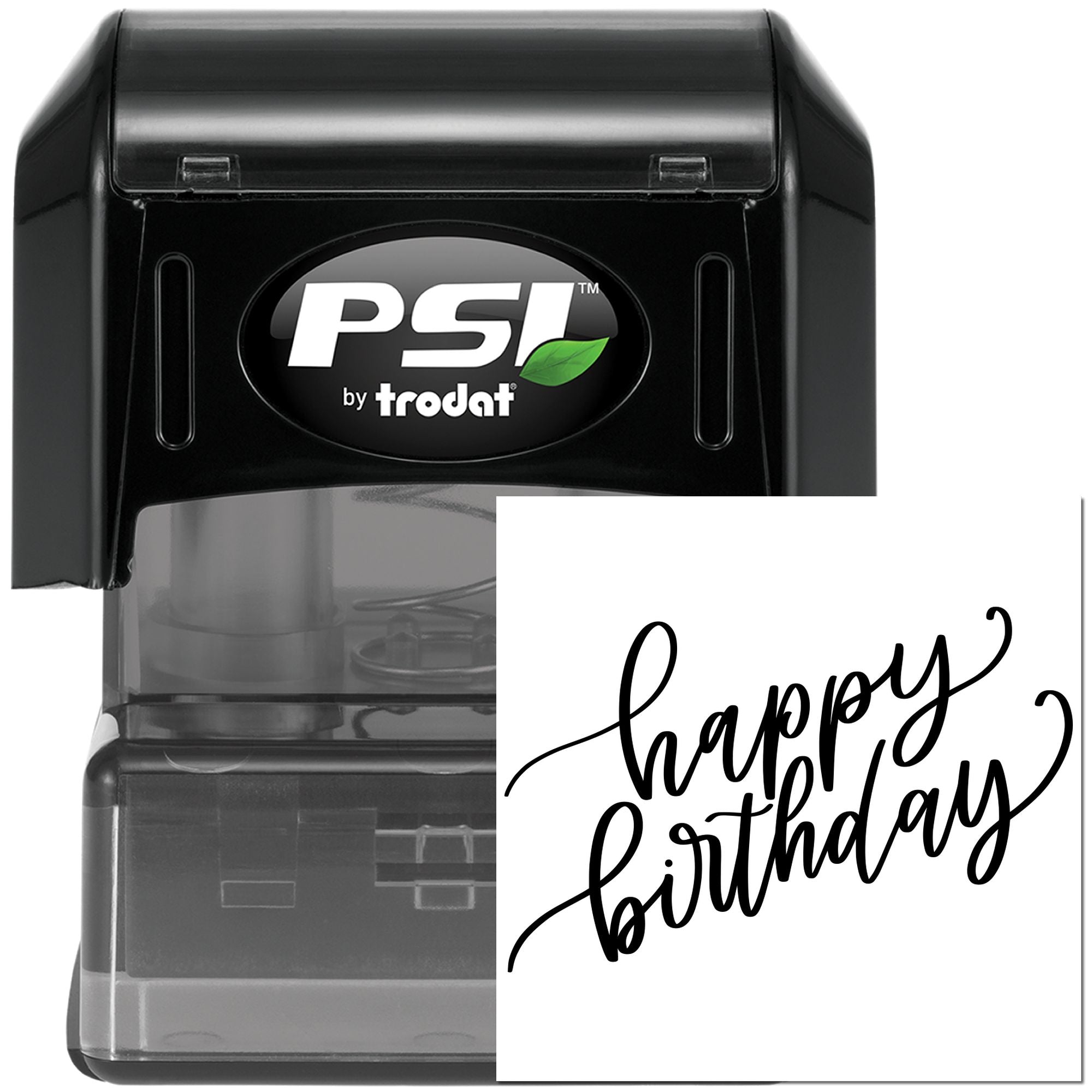 PSI by Trodat self-inking rubber stamp with Happy Birthday script for custom birthday cards, invitations, and gifts.