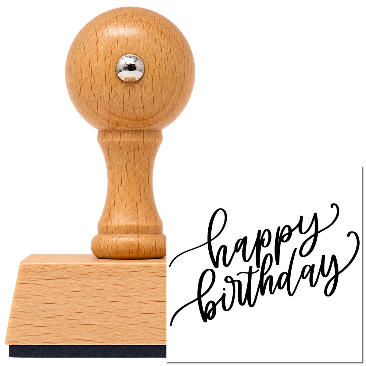 Fine Diagonal Birthday Greeting Vintage Pro rubber stamp in European beech wood with a round knob handle, shown beside its black imprint.
